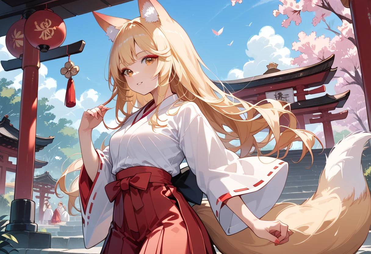 (masterpiece, best quality, ultra detailed, high resolution, detailed facial description), (1 girl:1.3), blonde long hair, tsurime:1.3, (miko, red hakama:1.2), red eyeliner, fox ears, fox tail, inari shrine