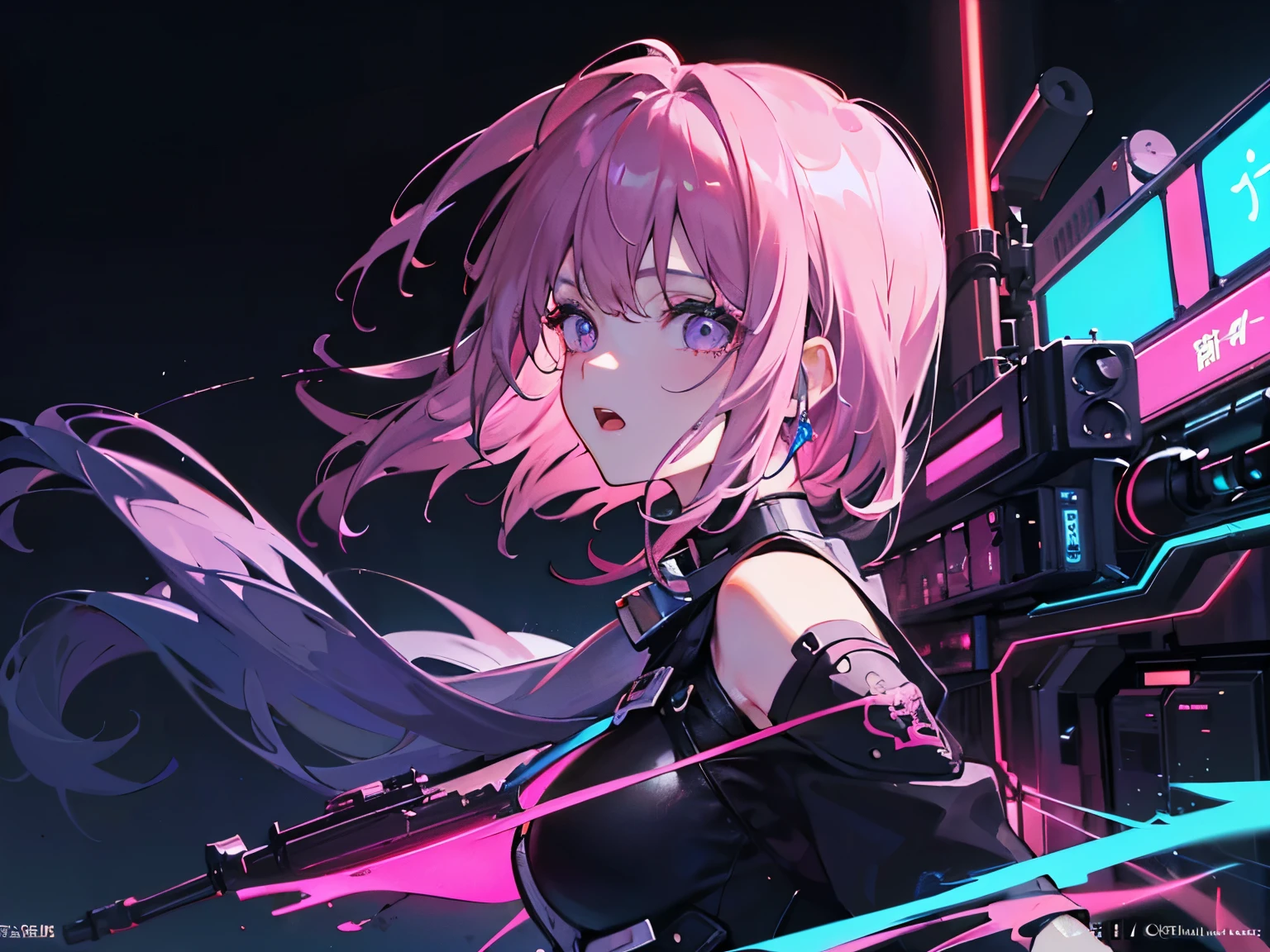 (ultra detailed background, detailed background), absurd, highres, ultra detailed, extremely detailed, 1girl, (nsfw: 1.5), (zentangle: 1.2), (geometric: 1.2), (colorful), (1girl), (sexy girl), alone, (((face and eyes detailed))),((pink eyes)),((long straight loose hair)),((light purple hair)),galactic girl, galaxy, planets, starry sky, space, stars, stars ,((technological boots)),((fluorescent clothing, neon color )),((red sword)), 8k, high quality, full HD,