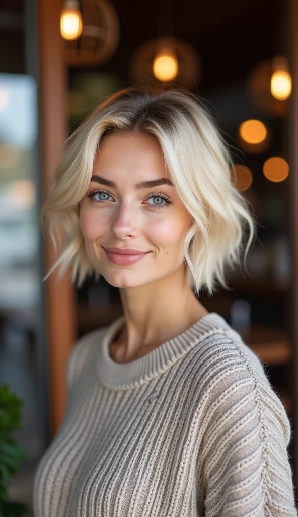 close range of realistic photo of <lora:JadeLloyd_v1:0.9> JadeLloyd with platinum blonde hair and smiling, focus on face, from behind wearing a turtleneck , her hair is styled as french bob hair,