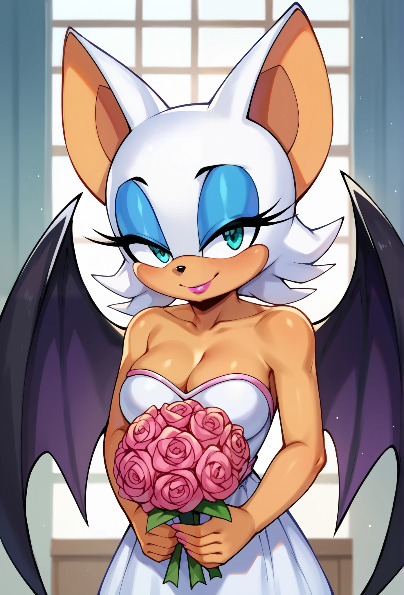 score_9, score_8_up, score_7_up, score_6_up, score_5_up, score_4_up, BREAK, 1girl, solo, rouge the bat, breasts, looking at viewer, soft smile, indoors, animal ears, cleavage, bare shoulders, heart, wings, aqua eyes, eyelashes, white wedding dress with a side cut, makeup, half-closed eyes, happy, lipstick, furry, eyeshadow, black wings, furry female, blue eyeshadow, bat ears, cvurch background, holding a bouquet of flowers