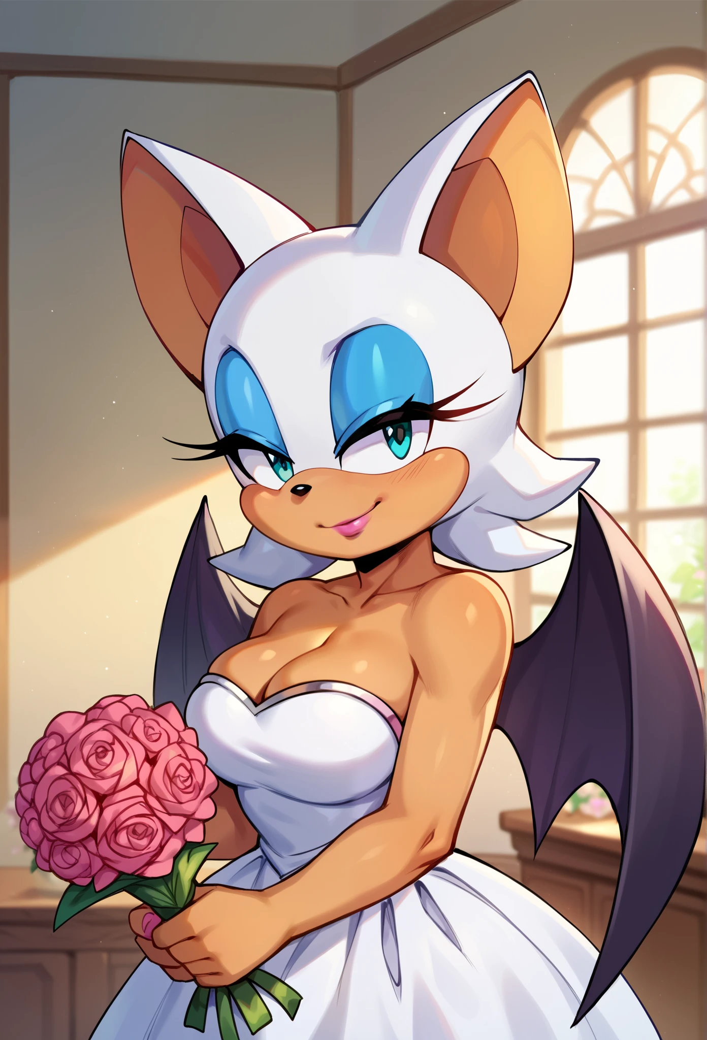 score_9, score_8_up, score_7_up, score_6_up, score_5_up, score_4_up, BREAK, 1girl, solo, rouge the bat, breasts, looking at viewer, soft smile, indoors, animal ears, cleavage, bare shoulders, heart, wings, aqua eyes, eyelashes, white wedding dress with a side cut, makeup, half-closed eyes, happy, lipstick, furry, eyeshadow, black wings, furry female, blue eyeshadow, bat ears, cvurch background, holding a bouquet of flowers