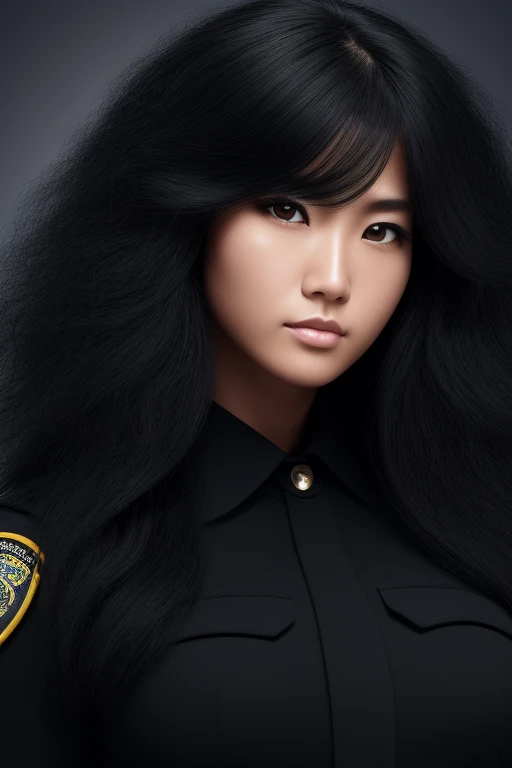 most very jet black hair,most very long hair,most very lion hair,most very wolf hair,most very frizzy hair,coarse hair,most very spread hairstyle,thick hair,fluffy hair,most very heavy weight hair,hair covering left eye,heavy looking hairstyle,most very voluminous hair,shiny jet black hair,female jail officer,black uniform,a heavy-looking uniform,black pants,1 Japanese woman,tall woman,woman's height 2.3m,most very strong face,most very angry face,black eyes,very close-up to face,most very muscle body,most very beautiful face,show more hair,high resolution,white background