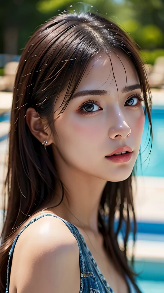 (hig彼st quality、8k、32K、masterpiece)、(Realistic)、(Realistic:1.2)、( high definition )、((Random composition:1.6)),  very detailed、Eyes Shining、 very pretty face and eyes in the pool、 1 girl、Delicate body、(hig彼st quality、 attention to detail 、 rich skin details)、(hig彼st quality、8k、Oil paint:1.2)、 very detailed、(Realistic、Realistic:1.37)、 bright color, ( casual fashion:1.3),  Short Bang , 