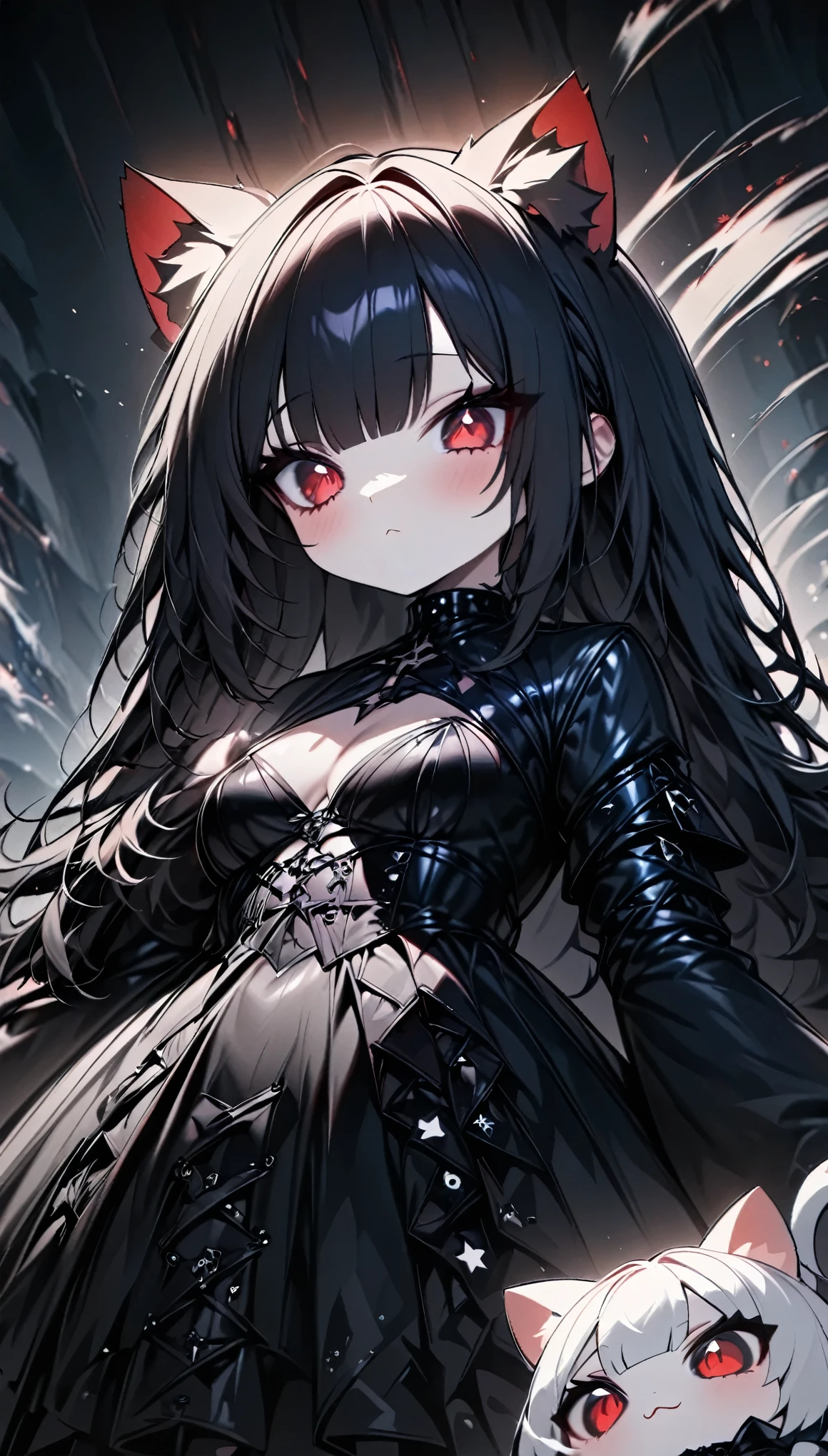  masterpiece ,  better quality , 8K, highres,  full coat,HDR-10,  Ultra high definition , professional,junkotvv, black hair,  straight bangs , cat ears, red eyes.

 illustration,  better quality , 1 girl, gothic girl,Chibi,, monochrome style , star patterns,  abstract background , Elegant design,