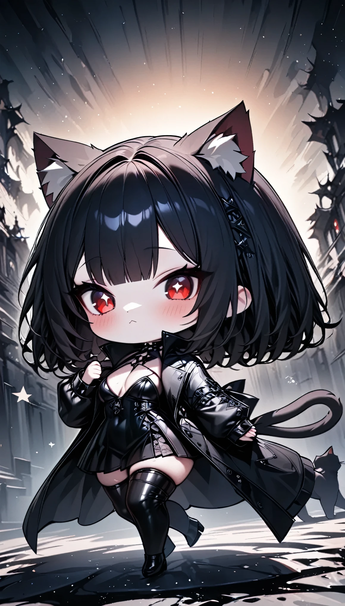  masterpiece ,  better quality , 8K, highres,  full coat,HDR-10,  Ultra high definition , professional,junkotvv, black hair,  straight bangs , cat ears, red eyes.

 illustration,  better quality , 1 girl, gothic girl,Chibi,, monochrome style , star patterns,  abstract background , Elegant design,