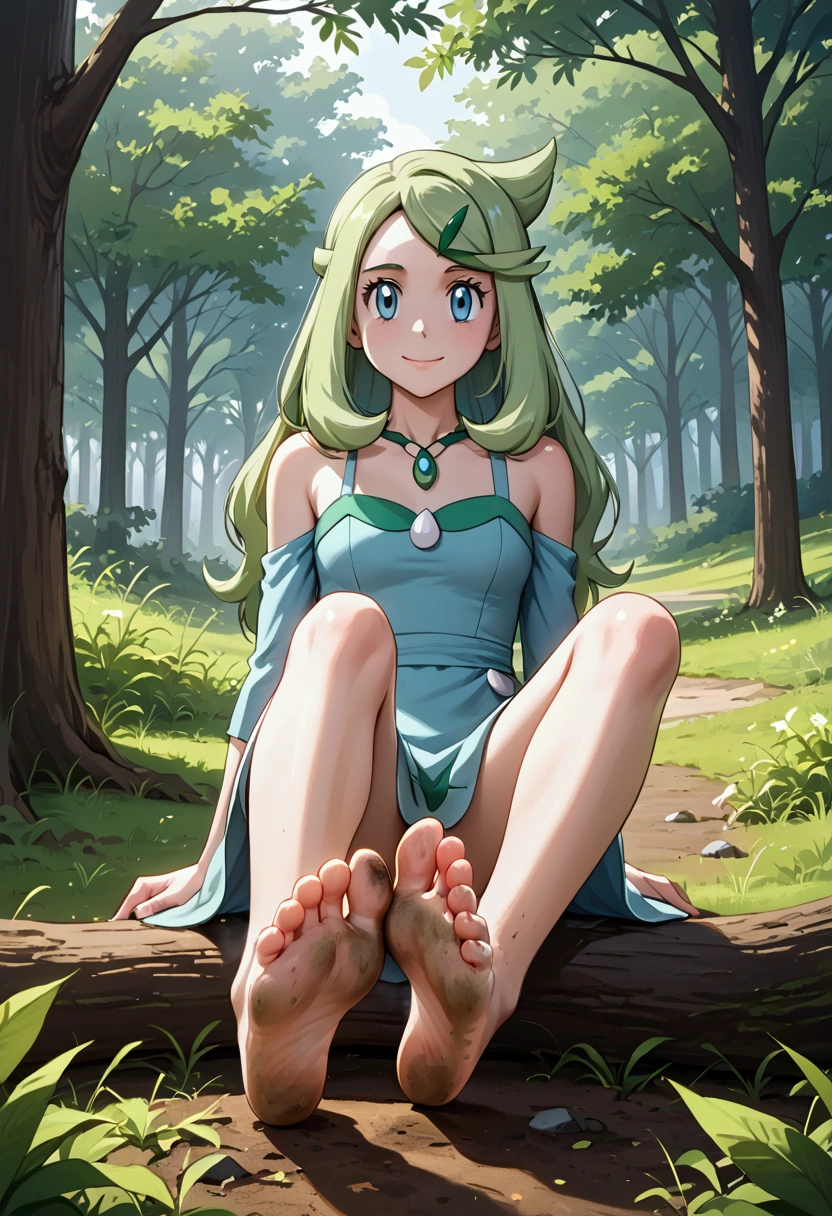 Masterpiece, Best Quality, high resolution, vegetation and trees in the background, A girl, alone, long hair, exhausted look, sitting on a fallen tree , smiling, liko (pokemon), bare shoulders, bare legs stretched and apart, foot focus, foot fethish, barefoot, soles of the feet in the air, dirty, stinky, chesse, dusty, smelly, head on, 