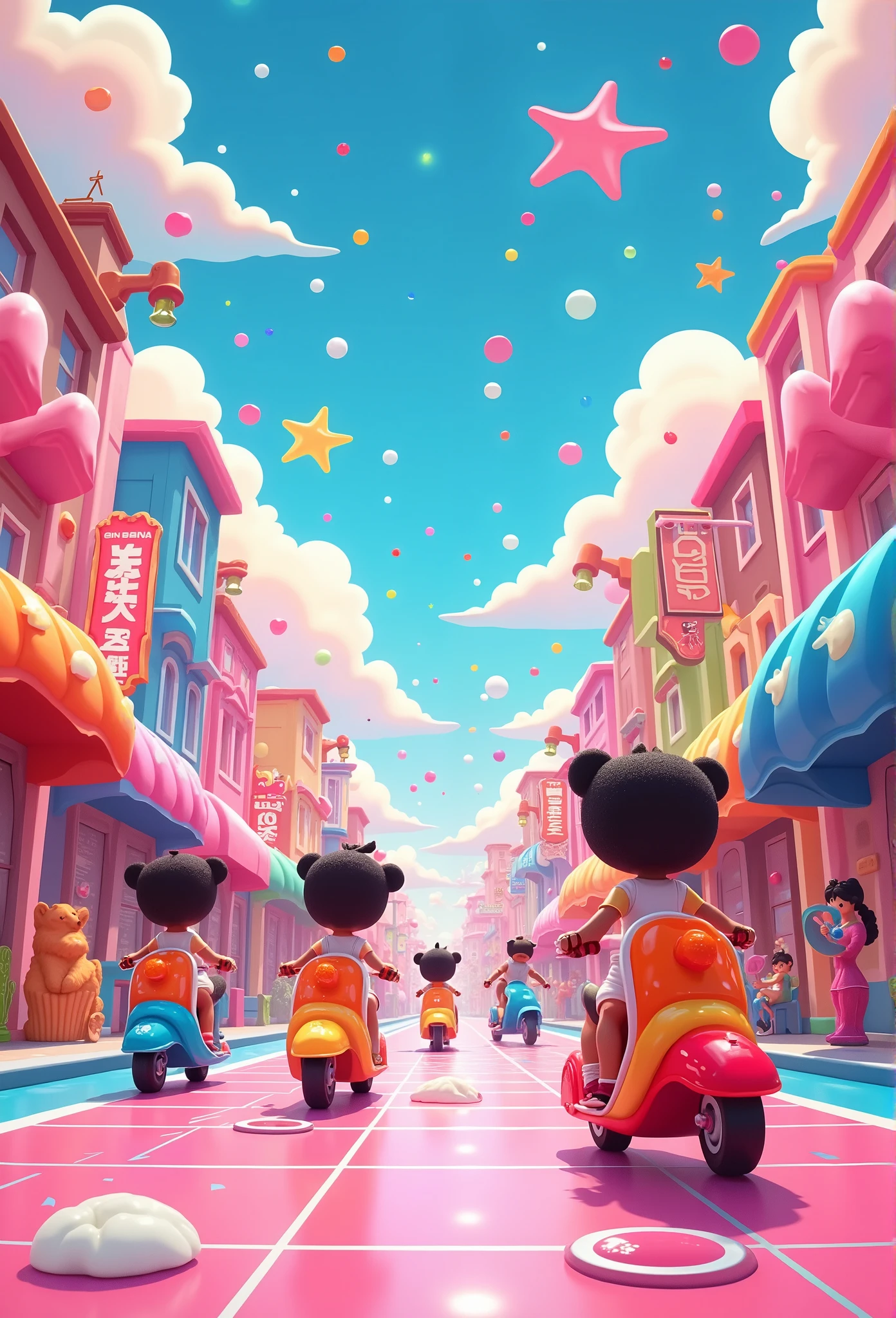 masterpiece, best quality, 8k, highres, ultra-detailed, HDR, UHD, ultra-fine painting, bubblegum pop style, vibrant candy-themed town, streets made of colorful gumdrops, buildings shaped like lollipops and chocolate bars, pop art skies with floating cotton candy clouds, dynamic and cheerful atmosphere, glowing neon signs shaped like candies, giant ice cream cones as street lamps, chibi characters riding gummy bear scooters, fountains flowing with soda, playful and energetic scene, sparkling confetti in the air, vibrant rainbow colors throughout, whimsical and delightful composition, fun and lighthearted mood,