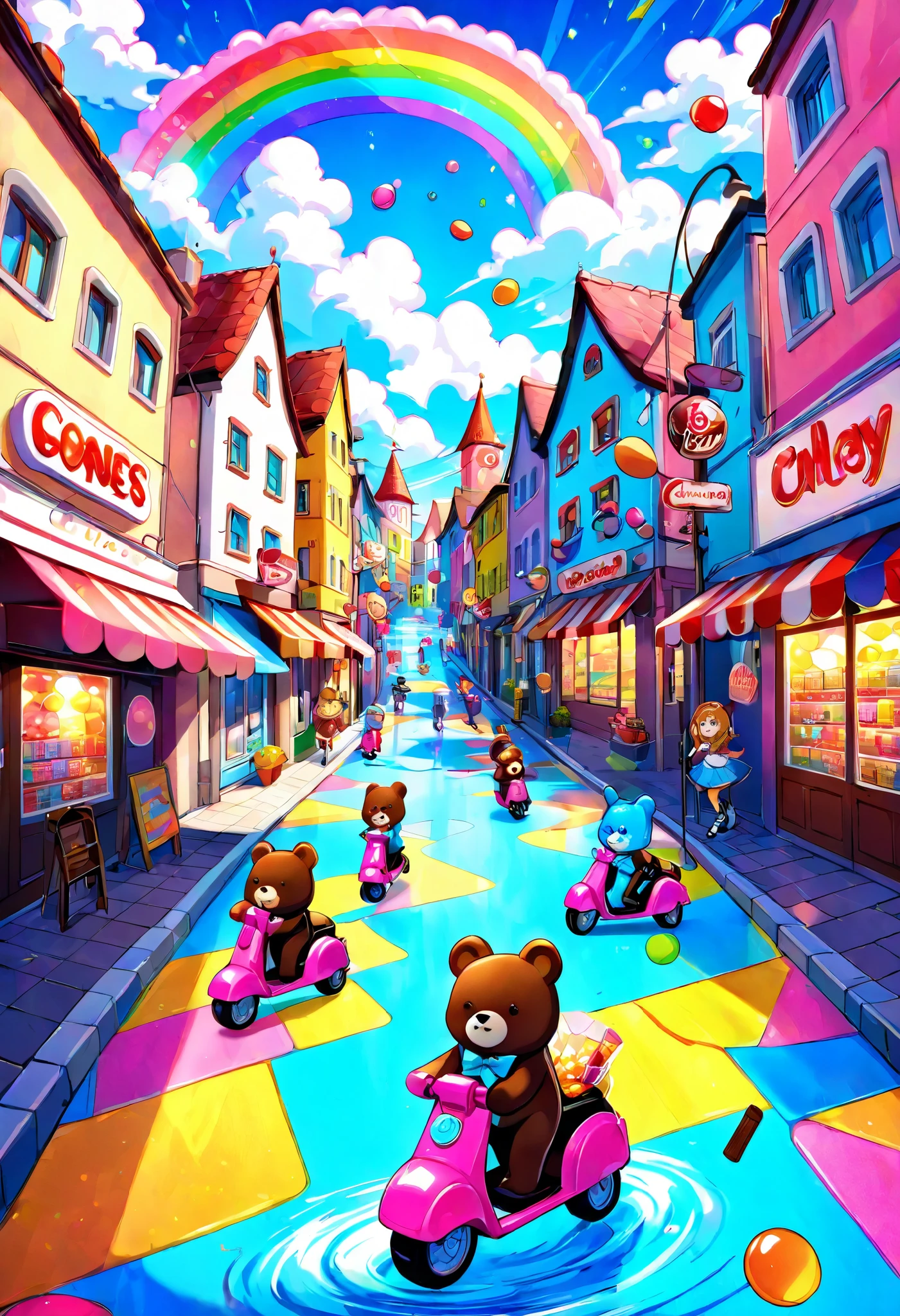 masterpiece, best quality, 8k, highres, ultra-detailed, HDR, UHD, ultra-fine painting, bubblegum pop style, vibrant candy-themed town, streets made of colorful gumdrops, buildings shaped like lollipops and chocolate bars, pop art skies with floating cotton candy clouds, dynamic and cheerful atmosphere, glowing neon signs shaped like candies, giant ice cream cones as street lamps, chibi characters riding gummy bear scooters, fountains flowing with soda, playful and energetic scene, sparkling confetti in the air, vibrant rainbow colors throughout, whimsical and delightful composition, fun and lighthearted mood,