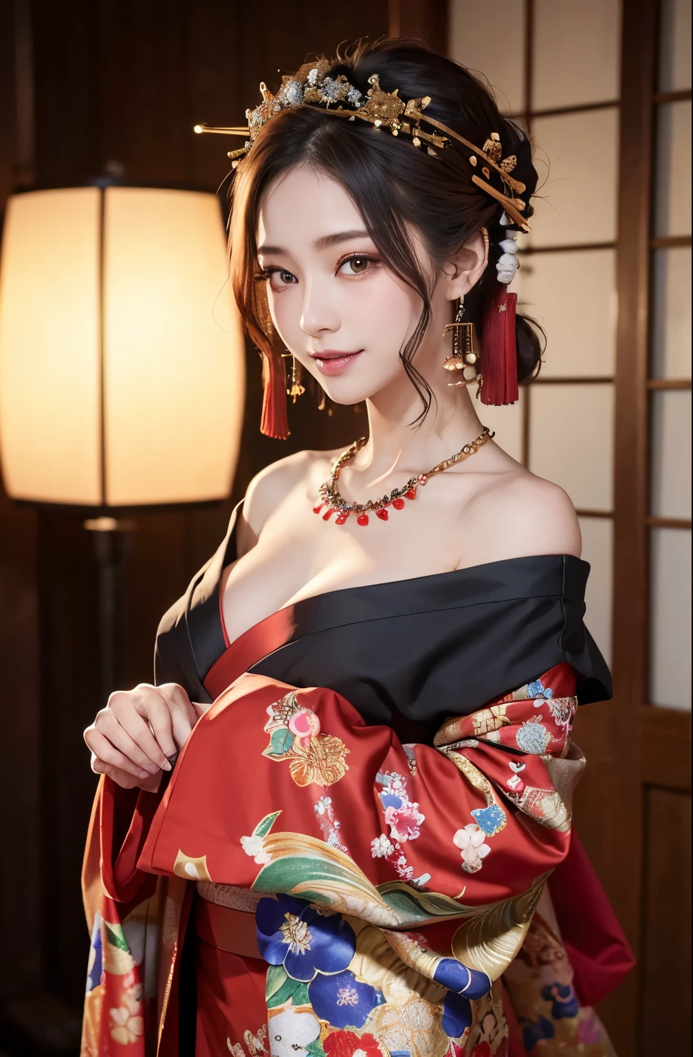 (Detailed skin:1.2),(Shiny skin:1.1),8K,Highest quality, masterpiece, Ultra-high resolution,(Realistic:1.4), RAW Photos,(Soft saturation:1.3),(Fair skin:1.2),Half-Japanese beauty,repair,20 years, Light brown hair, (Up-Hairstyles:1.2), Asymmetrical Hair, (Pretty face:1.4), (Large Breasts, Tight waist), Beautiful lighting, (Sexy Oiran:1.2,),Highly detailed face, Highly detailed lips, fine grain, double eyelid, (Sharp focus: 1.2), (Perfect Anatomy),(Beautiful woman with perfect figure: 1.2)、Exposing cleavage、Random sexy poses,(Accentuate your leg lines:1.2)、kimono、Sharp Eyes,Alluring expression、Open your mouth、Gorgeous hair ornament、Japanese style background