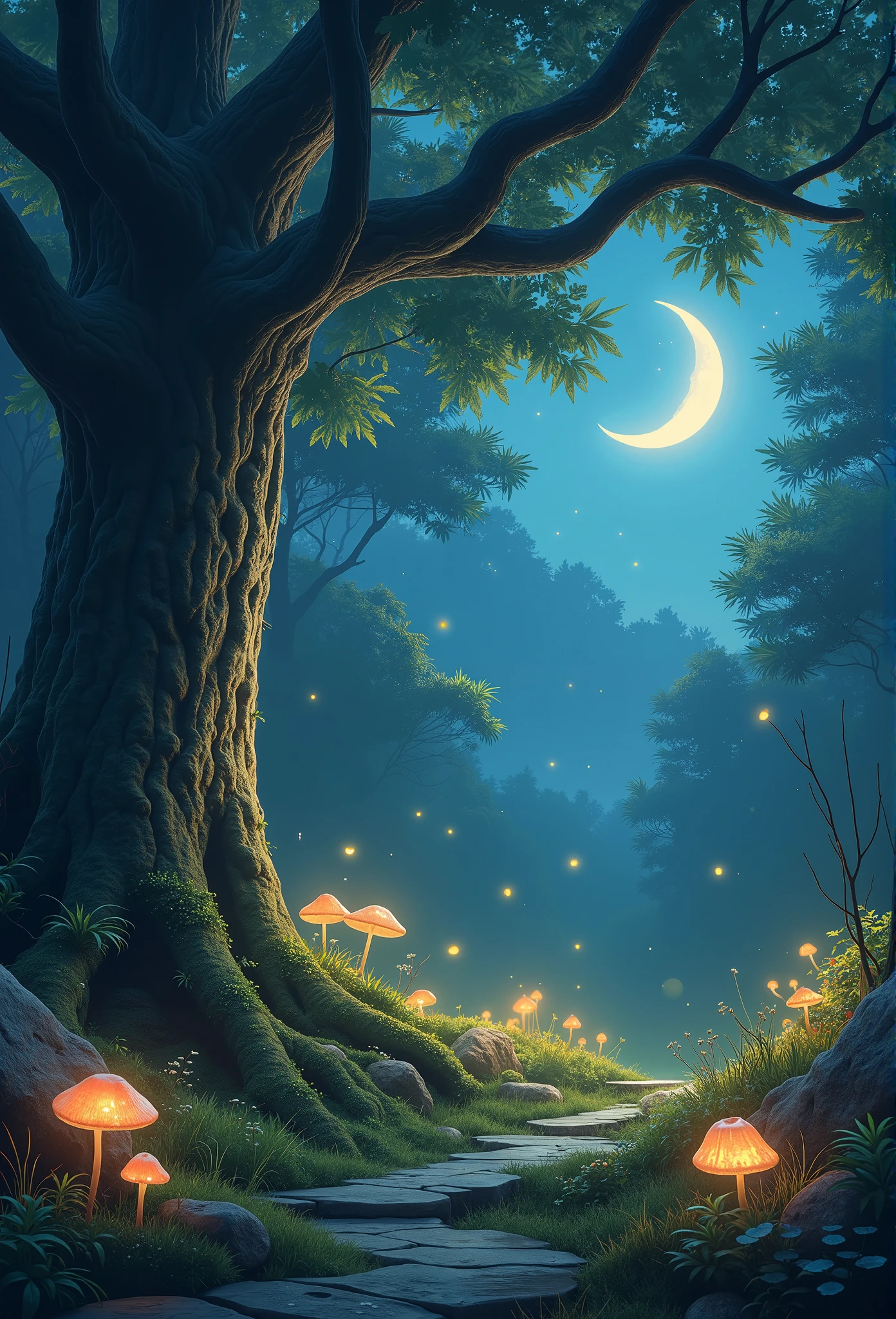 masterpiece, best quality, 8k, highres, ultra-detailed, HDR, UHD, ultra-fine painting, realistic style, forest clearing under a starry sky, glowing bioluminescent mushrooms and flowers, soft and muted colors, tranquil and enchanting atmosphere, large ancient tree with intricate bark patterns, faintly glowing natural phenomena, subtle light reflections on dewdrops, scattered fireflies creating faint trails of light, crescent moon casting gentle shadows on the forest floor, misty air adding depth and softness, detailed textures of moss-covered rocks and grass, serene and untouched wilderness, peaceful and immersive setting