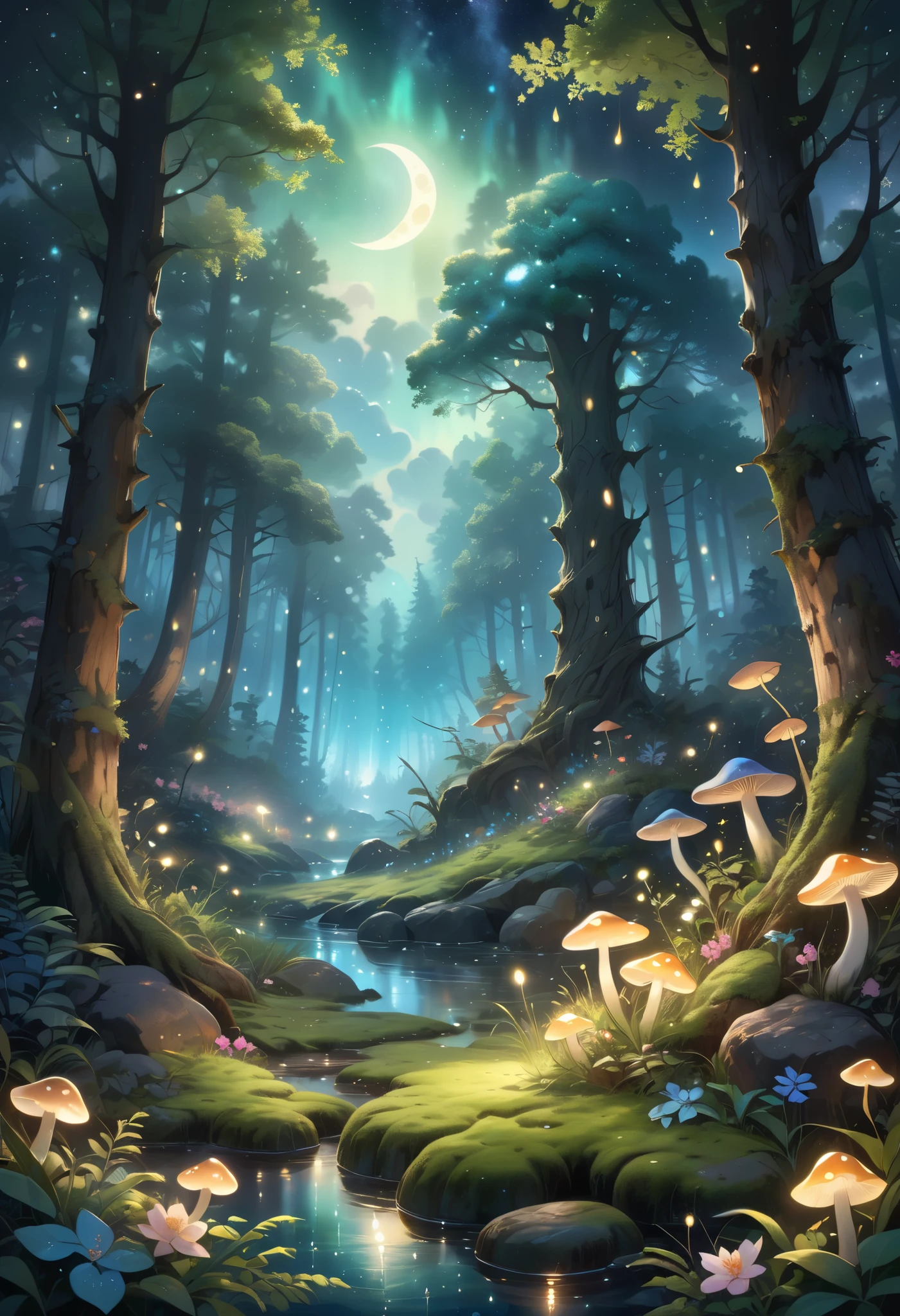 masterpiece, best quality, 8k, highres, ultra-detailed, HDR, UHD, ultra-fine painting, realistic style, forest clearing under a starry sky, glowing bioluminescent mushrooms and flowers, soft and muted colors, tranquil and enchanting atmosphere, large ancient tree with intricate bark patterns, faintly glowing natural phenomena, subtle light reflections on dewdrops, scattered fireflies creating faint trails of light, crescent moon casting gentle shadows on the forest floor, misty air adding depth and softness, detailed textures of moss-covered rocks and grass, serene and untouched wilderness, peaceful and immersive setting