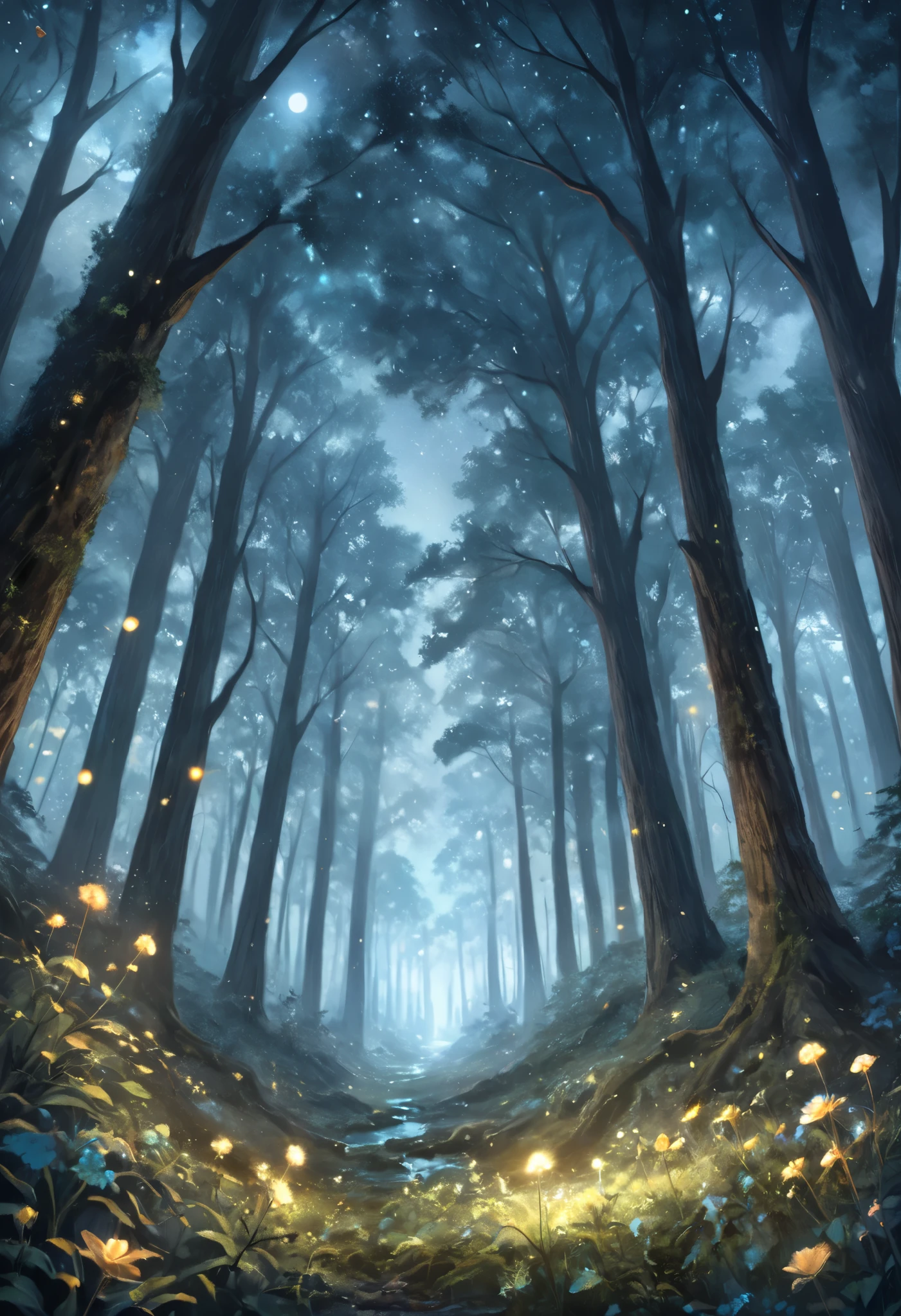 masterpiece, best quality, 8k, highres, ultra-detailed, HDR, UHD, ultra-fine painting, realistic style, forest clearing under a starry sky, glowing bioluminescent mushrooms and flowers, soft and muted colors, tranquil and enchanting atmosphere, large ancient tree with intricate bark patterns, faintly glowing natural phenomena, subtle light reflections on dewdrops, scattered fireflies creating faint trails of light, crescent moon casting gentle shadows on the forest floor, misty air adding depth and softness, detailed textures of moss-covered rocks and grass, serene and untouched wilderness, peaceful and immersive setting