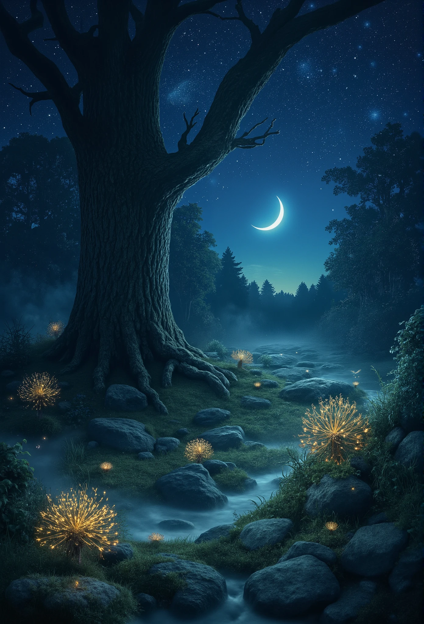 masterpiece, best quality, 8k, highres, ultra-detailed, HDR, UHD, ultra-fine painting, realistic style, forest clearing under a starry sky, glowing bioluminescent mushrooms and flowers, soft and muted colors, tranquil and enchanting atmosphere, large ancient tree with intricate bark patterns, faintly glowing natural phenomena, subtle light reflections on dewdrops, scattered fireflies creating faint trails of light, crescent moon casting gentle shadows on the forest floor, misty air adding depth and softness, detailed textures of moss-covered rocks and grass, serene and untouched wilderness, peaceful and immersive setting