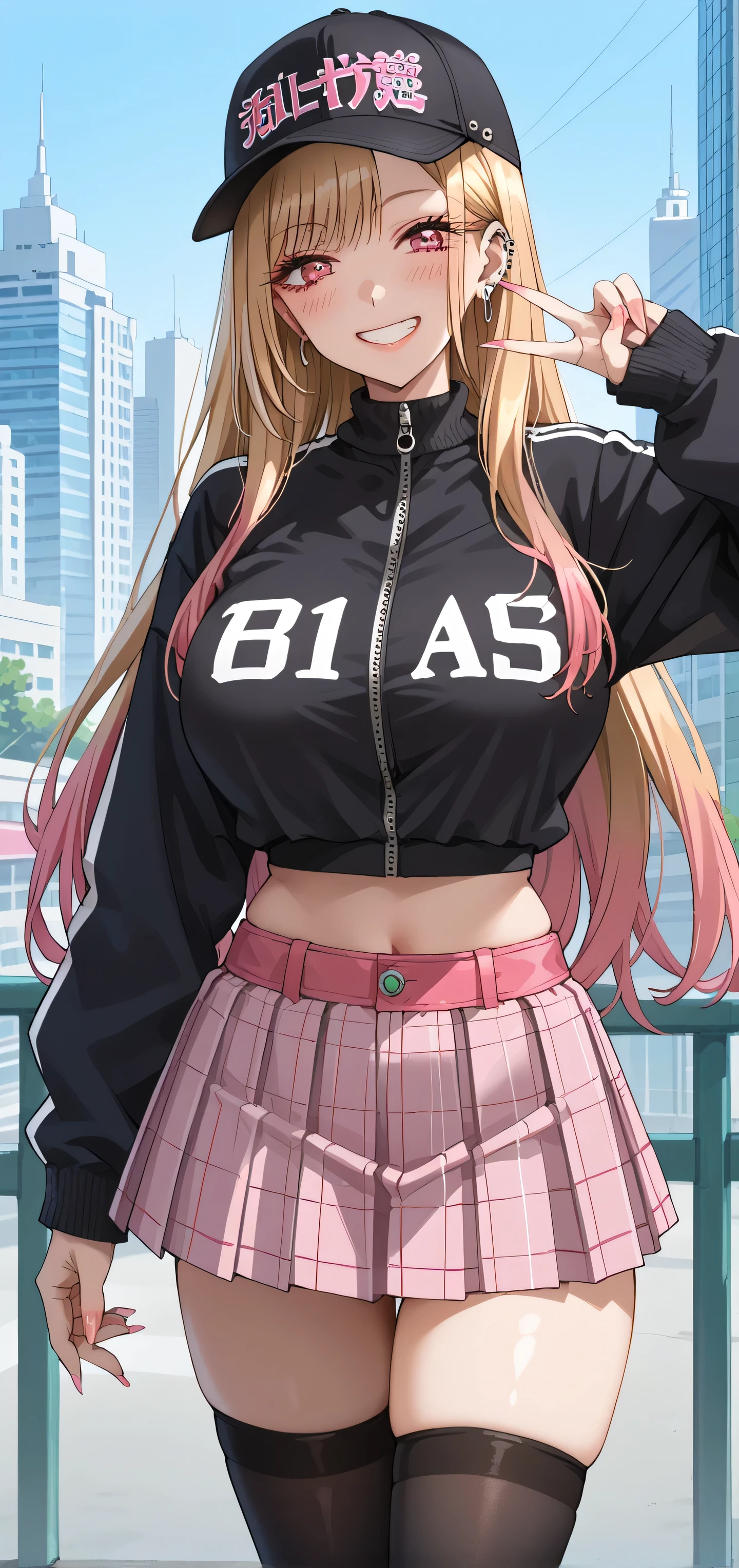 KJOmarin, blonde hair, long hair, pink eyes, earrings, ear piercing, multicolored hair, score_9, score_8_up, score_7_up, source_anime, masterpiece,best quality, huge breasts, flash gyaru, 1girl, kitagawa_marin, solo, skirt, thighhighs, yellow_background, hat, smile, fake_nails, long_hair, v, pink_nails, blonde_hair, jacket, crop_top, jewelry, baseball_cap, earrings, multicolored_hair, city, day, simple_background, looking_at_viewer, grin, gradient_hair, black_headwear, midriff, pink_skirt, double_v, nail_polish, pink_eyes, pink_hair, industrial_piercing, black_thighhighs, fingernails, zipper, bangs, shirt, long_sleeves, zettai_ryouiki, open_clothes, black_shirt, red_eyes, piercing, cowboy_shot, red_skirt, ear_piercing, open_jacket, barbell_piercing, blush, colored_tips, miniskirt, long_fingernails