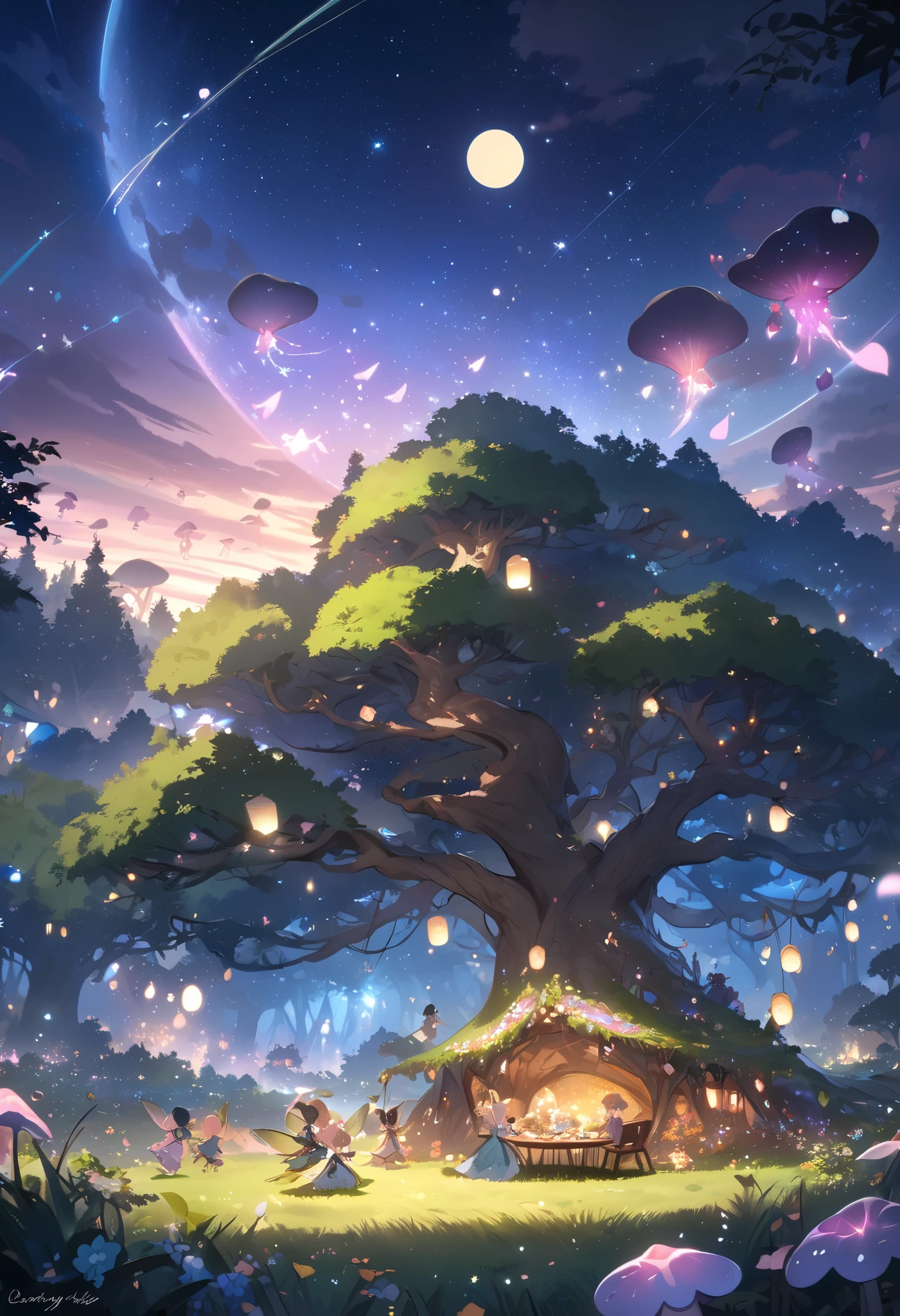 masterpiece, best quality, 8k, highres, ultra-detailed, HDR, UHD, ultra-fine painting, fairy tale style, magical forest clearing under a starry sky, glowing mushrooms and flowers, tiny glowing fairies dancing in the air, soft pastel colors, whimsical and enchanting atmosphere, large ancient tree with glowing runes, fairies holding tiny lanterns, sparkling trails of fairy dust in the air, crescent moon casting gentle light, mystical floating orbs hovering around, intricate patterns in the grass, fairy-sized banquet table made of glowing crystals, chibi fairies enjoying a feast, serene and magical scene, glowing reflections on dewdrops, dreamy and fantastical setting