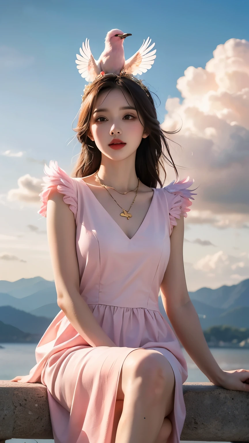 1 Girl, solo, pink dress, pairs of pink bird wings on head, Gold necklace, Cloudy background, Colorful clouds, in the sky, ((Best quality)), ((highly-detailing)), (Detailed face), (offcial art), sitting on the cloud,