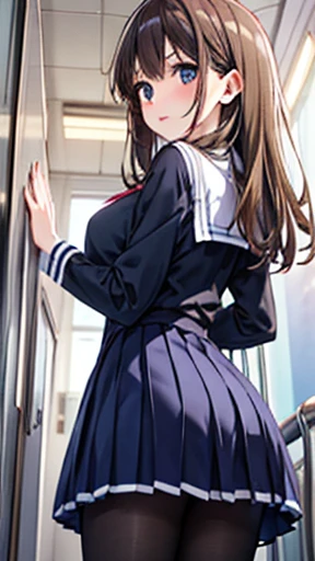 (masterpiece,   best quality , Abusil Dress, Game CG, shape), 1 person, Alone, mayu kuroe,  Beautiful attention to the smallest,  standing, Greeting in the school hallway , White school uniform,  pleated miniskirt ,  pantyhose, Looking back at the audience, Surprised,  shocked , big breasts、