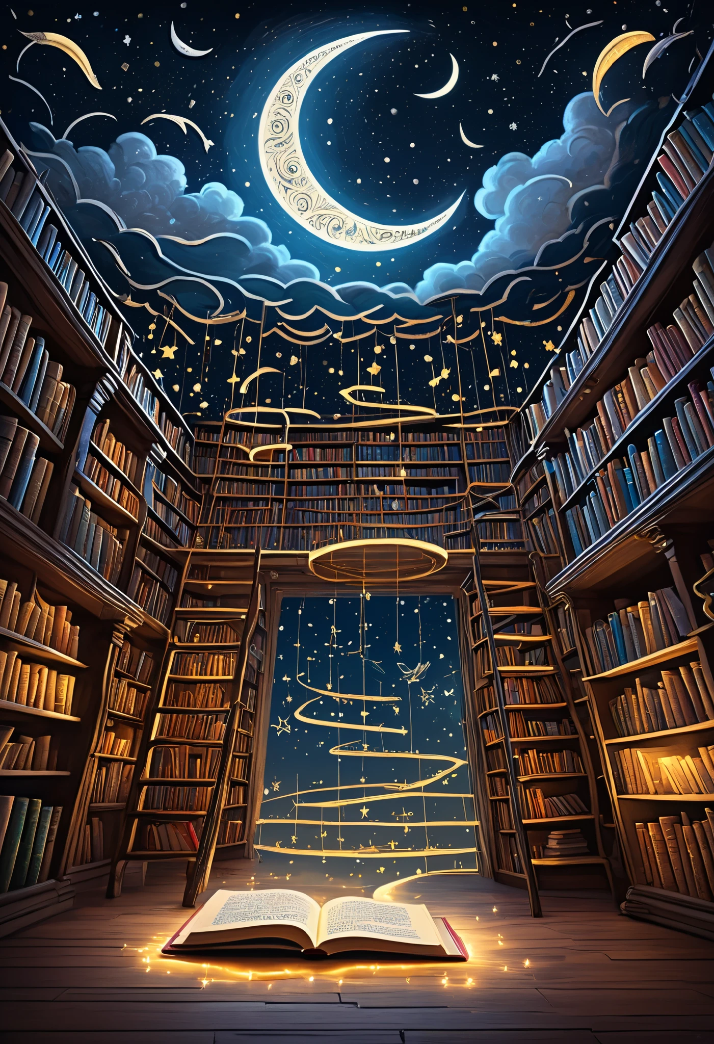 masterpiece, best quality, 8k, highres, ultra-detailed, HDR, UHD, ultra-fine painting, chalk art style, whimsical flying library, floating ancient bookshelves filled with glowing books, soft pastel textures, magical atmosphere, books with glowing chalk-drawn pages fluttering in the air, tiny chibi characters riding on open books, floating lanterns lighting up the scene, massive chalk-drawn quill pens suspended in mid-air, crescent moon hanging above the library, swirling clouds blending with a starry night sky, glowing pathways made of book pages, chalk trails connecting floating shelves, playful and surreal composition, intricate chalk details, colorful constellation patterns sketched in the sky, staircases made of floating books, ethereal and enchanting