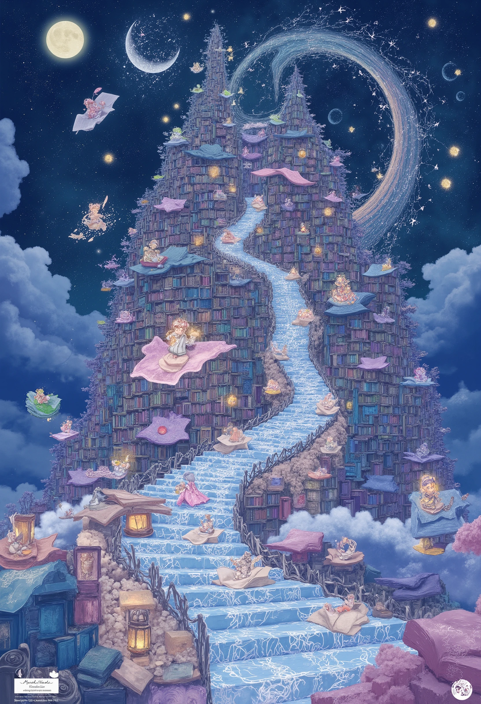 masterpiece, best quality, 8k, highres, ultra-detailed, HDR, UHD, ultra-fine painting, chalk art style, whimsical flying library, floating ancient bookshelves filled with glowing books, soft pastel textures, magical atmosphere, books with glowing chalk-drawn pages fluttering in the air, tiny chibi characters riding on open books, floating lanterns lighting up the scene, massive chalk-drawn quill pens suspended in mid-air, crescent moon hanging above the library, swirling clouds blending with a starry night sky, glowing pathways made of book pages, chalk trails connecting floating shelves, playful and surreal composition, intricate chalk details, colorful constellation patterns sketched in the sky, staircases made of floating books, ethereal and enchanting