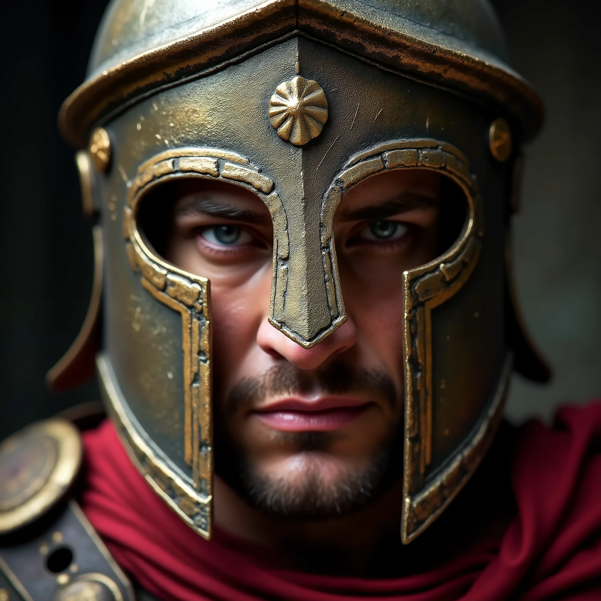 close-up shot of a stunning gladiator with a metal mask, award-winning photography, wearing roman armour. The gladiator is looking stern in the colosseum. hot atmosphere. sepia colours, photorealistic