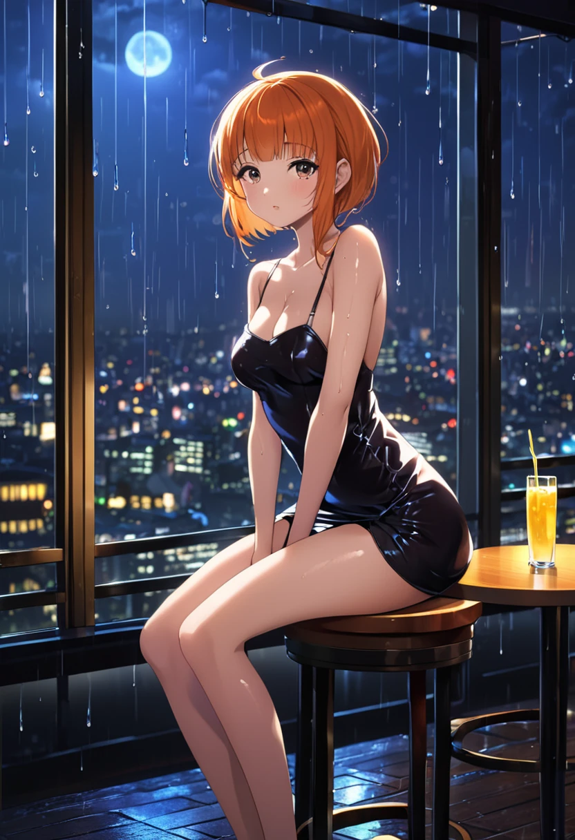 score_9, score_8_up, score_7_up, score_6_up, score_9, score_8_up, score_8, semi realistic, hot girl wearing skimpy tight dress sitting on a bar stool, flat chest, cute sexy pose, in a small skyscraper restaurant at night, moody lighting, window with view of night city, raindrops on window, rainy night, drinks on a bar table, volumetric lighting, cinematic lighting, depth of field, bokeh, masterpiece, hyuuga_hinata