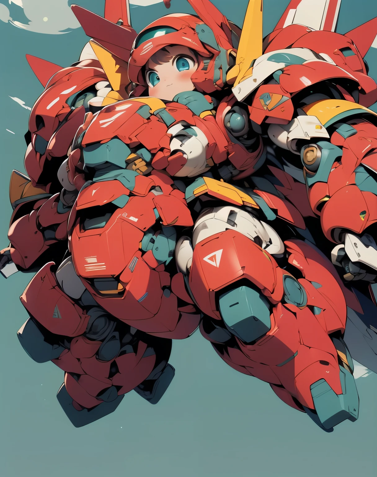 (((1 chibi girl in large robot costume, equip helmet))), ssmile, (holding weapons), (chibi), (bulky:1.8), (((helmet))), large cute face, (((looking down:1.5))), mechanical parts, ((mechanical wings)), (full armor:1.8), (mecha armor:1.8), (shoulder guards:1.2),(huger arms), ((mechanical arms:1.5)), (huger body:1.8), (heavy equipment:1.6), (from below), robot joints, becoming a mecha, mecha, (RARS), (HRS), ROBOTANIMESTYLE, BJ_Cute_Mech,cute, girl BREAK ((masterpiece)), vibrant colors, 8k, best quality, ultra detailed illustration, ((best quality)), ((high resolution)), flawless skin textures, shiny oiled skin, extremely detailed anime eyes , extreme light and shadow