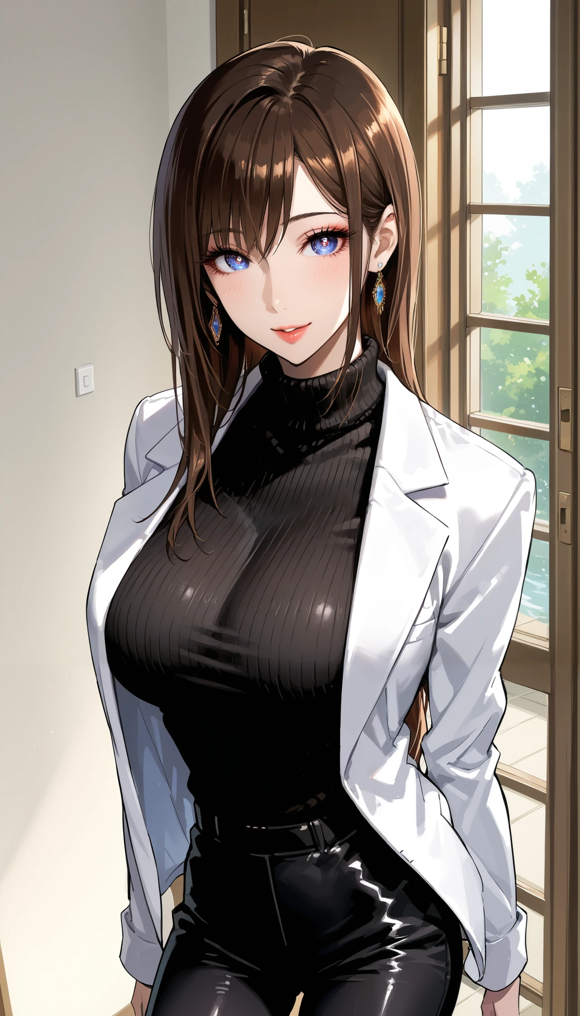  score_9,  score_8_up,  score_7_up,  source_Anime,masterpiece, best quality, BEAUTIFUL AND DETAILED EYES ,  beautiful detailed lips,  very detailed eyes and faces, long breasts, 1 female, smile, Put on a white coat、sweater under a white coat,  black sweater 、Black Skinny、 long pants  , Big saggy breasts, shockingly  Big Breasts ,  Big Breasts , room,  No Emotion 、Unmotivated face,  taken from above、バストup、makeup、 no makeup、