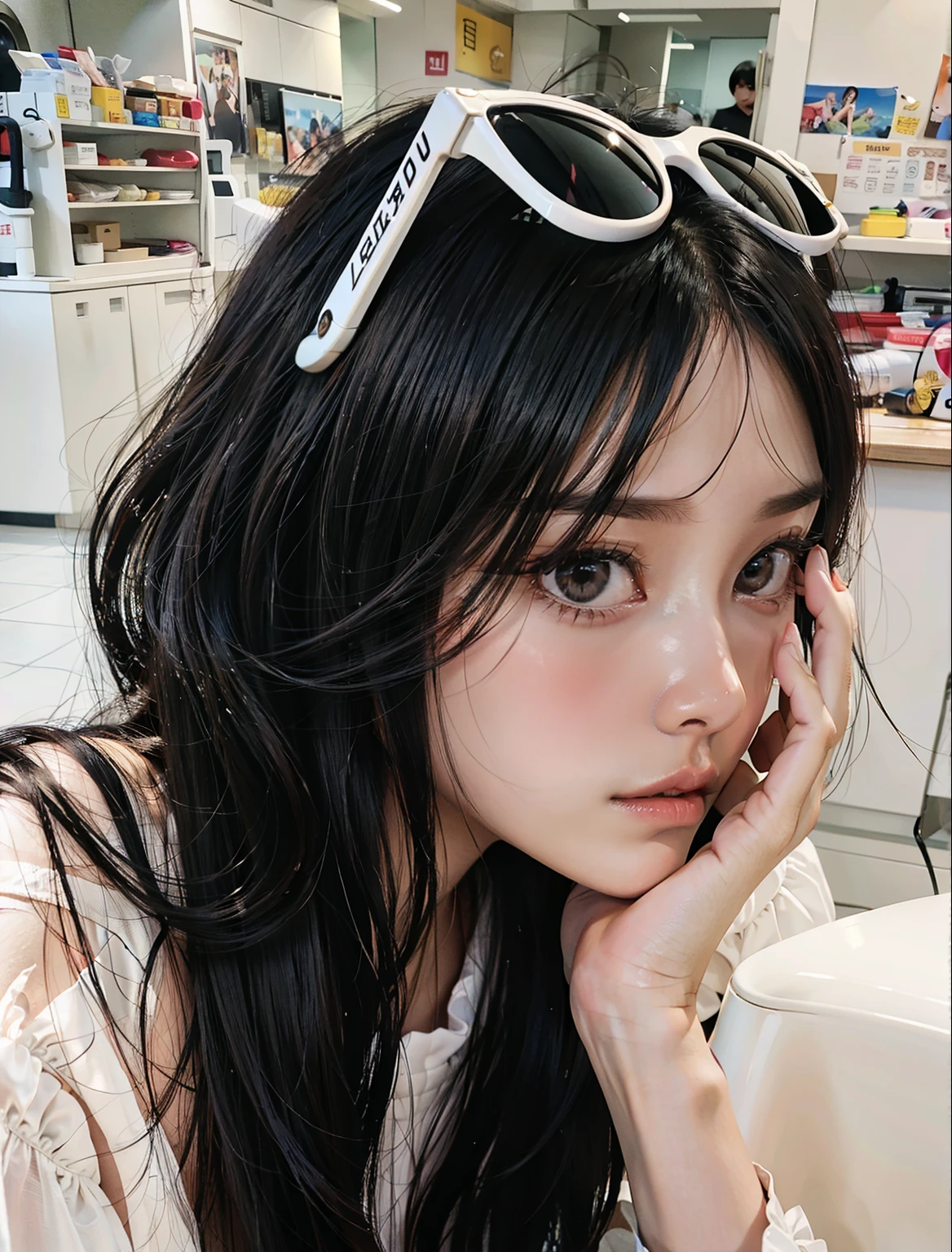 there is a woman with long black hair and sunglasses, ulzzang, She has black hair with bangs, white hime cut hairstyle, black hime haircut,  long black hair with bangs, cabelo whitebangs cabelo, whitebangscabelo negro, Sakimichan, Jinyoung Canela, long hair with bangs,  sui Ishida with black hair, long white hair and bangs