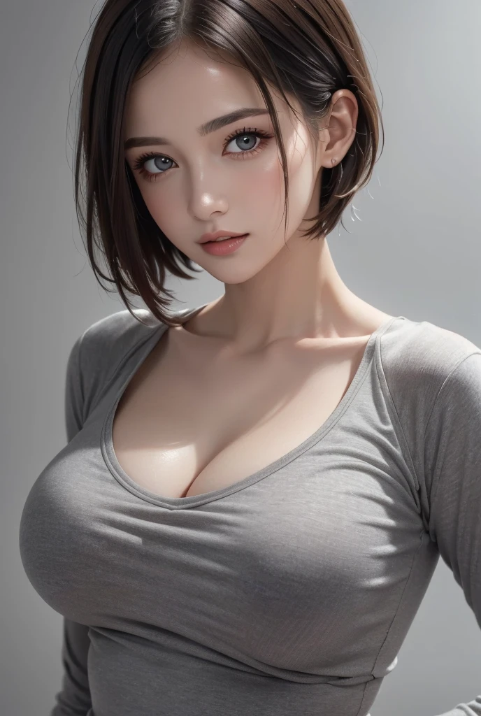 ( 8K Ultra HD 、RAW photo 、モデル photo 撮影、masterpiece,  best quality, photorealistic,  high res,  photo : 1.3), closure,  concentrate , Popular Models, (1.  Mature Women )、Short hair、 dark brown hair 、 Beautiful eye details 、(( big breasts )), realな肌, (  perfect figure ), Sexy hot face, , Sexual Perspective, Sweat top,  Beautiful eye details 、 shiny lips ,  bright light 、Dynamic Lighting、real、超real、 realism、realistic details, Cool and beautiful、 Cool Poses 、The background is gray 、grey solid background