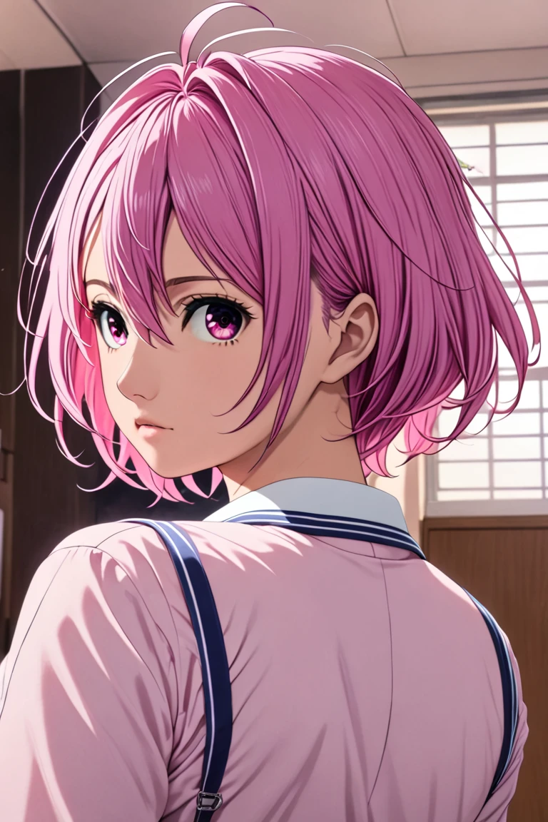 1girl, Shiratori Aira,  asymmetric casual short hair from back side,  voluminous hair , Ahoge,  pink hair, Pink Eyes, masterpiece、 best quality、High school girl、uniform、 low angle、 roll up their skirts、Sexy lingerie peeking through a miniskirt、Turn around and get cute and angry 、Mid-chest