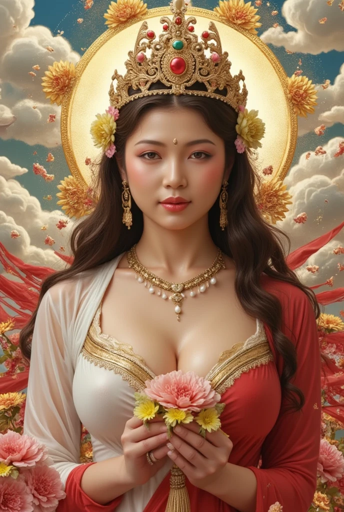 thangka illustration。Colorful flying sky ，flowing red silk， A beautiful goddess with a golden cloud and sky background,Portrait of a very beautiful fairy ，Statue of Tara Bodhisattva ， red eyeshadow， red face ，Red lips，，front， skin details ，Fine hair。Crown(Dot emerald +Cloisonne+ filigree enamel+flower+pearl+tassel)， upper body , 手持莲flower .  fair skin ,  is surrounded by clouds， has a golden halo on her face .(((yarn，Satin， red silk streamer)))
golden fantasy 。Glowing particles。 ray tracing 。Double Exposure。A little white rabbit。