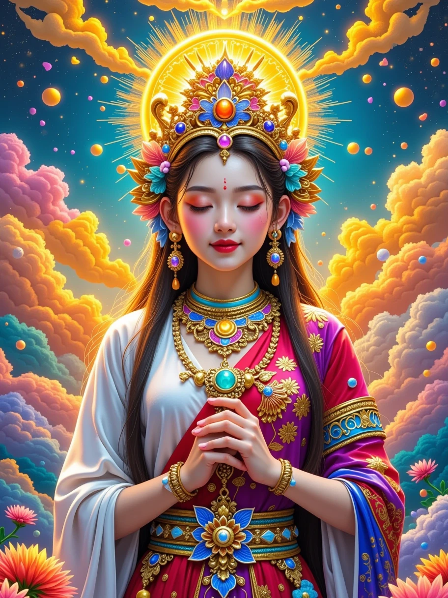 thangka illustration，Colorful flying sky ，flowing red silk， A beautiful goddess with a golden cloud and sky background，portrait，Very beautiful fairy ，Statue of Tara Bodhisattva ， red eyeshadow， red face ，Red lips，front， skin details ，Fine hair。Crown(Dot emerald ，Cloisonne， filigree enamel，flower，pearl，tassel)， upper body , 手持莲flower， fair skin ,  is surrounded by clouds， has a golden halo on her face ，(((yarn，Satin， red silk streamer)))，golden fantasy ，Glowing particles， ray tracing ，Double Exposure，A little white rabbit