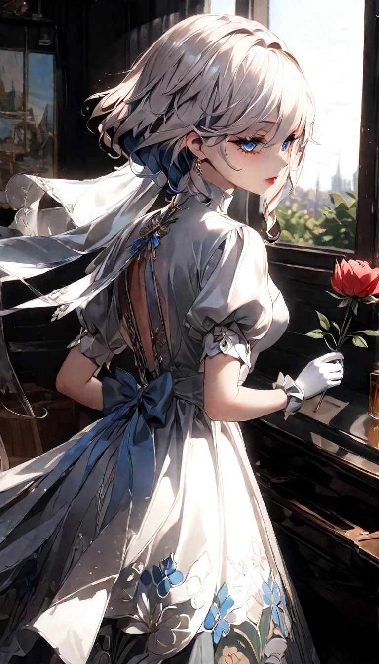 A vintage-inspired tea-length dress, elegant lace detailing, sheer puffy sleeves, cinched waist, delicate floral pattern, white gloves, holding a flower, soft pastel colors, natural lighting, romantic atmosphere, detailed folds and textures, ornate jewelry, high-quality digital painting, award-winning illustration, 4k, masterpiece, furina \(genshin impact\), heterochromia, best quality, masterpiece), mature female, unaestheticXL_bp5, (negative_v2 Color_Balance_Calibration:0.8), best quality, masterpiece), 1women ,4k, 8k, uhd, hdr, detailed background,mature female, makeup, lipstick, red lipstick
