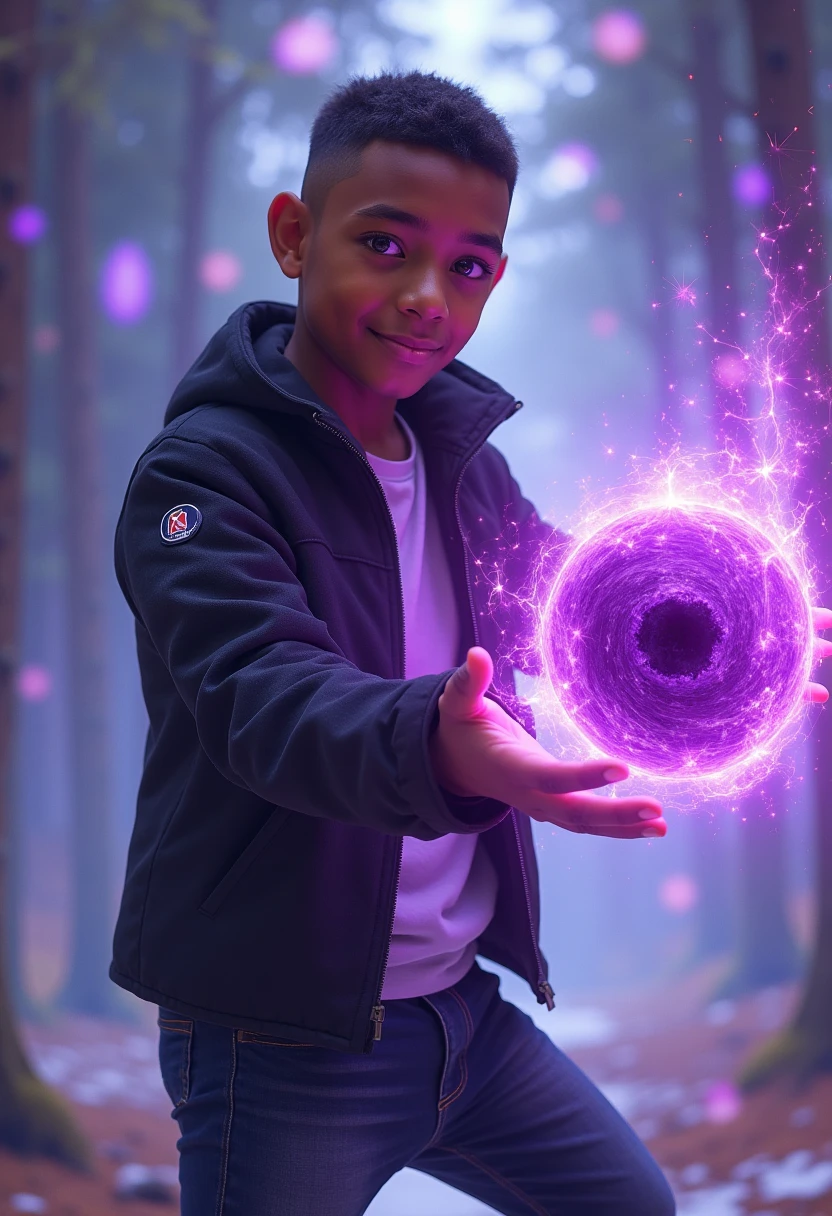 (prismatic coloration, holographic environment) A short young African-American man with a deep, rich brown skin tone. He has a buzz-cut haircut & is wearing wearing A Black Jacket & dark blue Jeans. He has calm Purple eyes and a Gentle smile. He is standing in a battle ready stance wielding an deep purple & Black energy bubble made of Void
