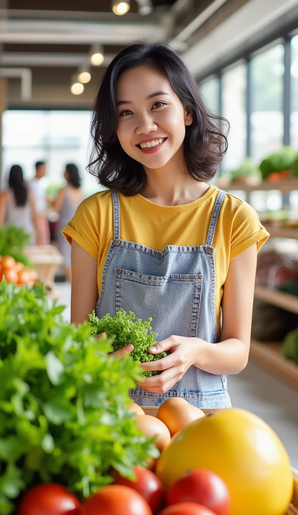 masterpiece, best quality, 1girl, casual outfit, grocery shopping, supermarket, picking vegetables, natural lighting, everyday scene, highly detailed, detail lips, detail eyes, detail nose,