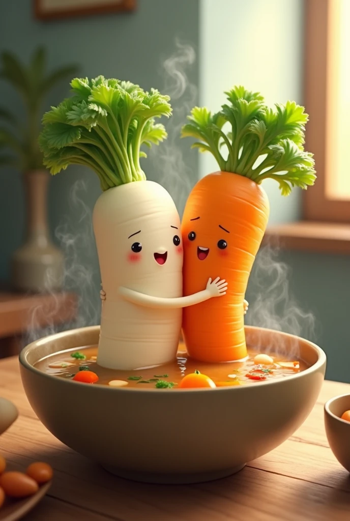 Long white radish, daikon, carrot, good friends, daikon and carrot, love, daikon and carrot embracing each other in a bowl of soup, unrealistic, depiction mainly of vegetables