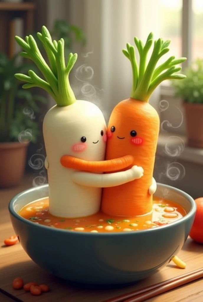 Long white radish, daikon, carrot, good friends, daikon and carrot, love, daikon and carrot embracing each other in a bowl of soup, unrealistic, depiction mainly of vegetables