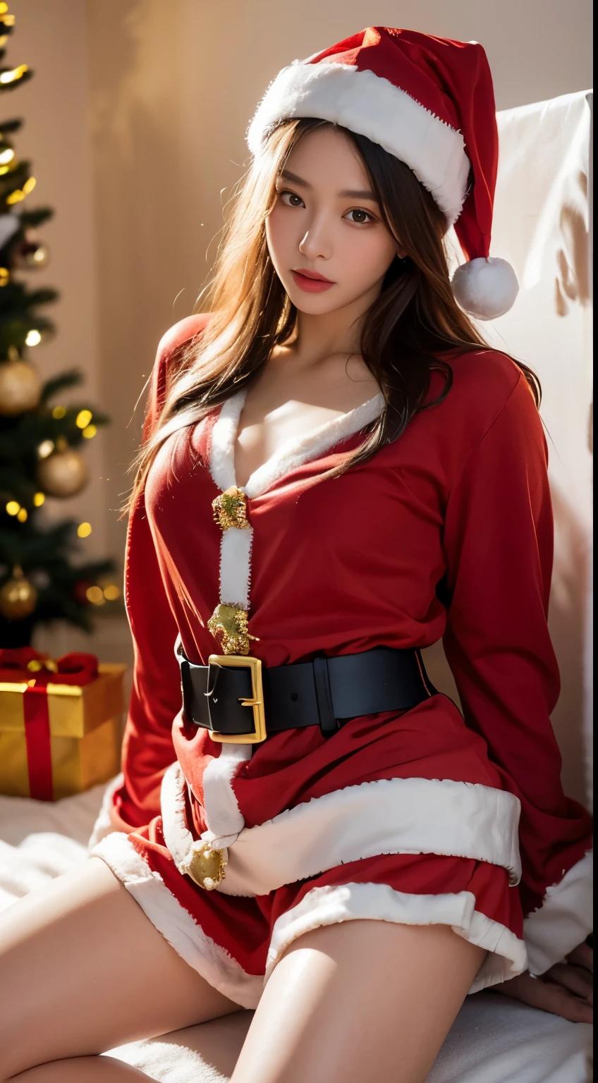 ((((top-quality))))、(((Ultra Precision CG16K Wallpapers)))、(((masterpiece)))、(((ultra-detailliert)))、(((Ultra-extreme details)))、1Man Woman、a matural female、An 18-year-old woman、((Korean Face))、((extremely beautiful face))、((sasaki nozomi:1.5))、((Soft wave semi-long hair:1.3))、(shinny hair)、Bangs up to the eyebrows、Beautiful brown hair、Beautiful delicate eyes、Brown eyes、raised eyebrows、lofty nose、small nostrils、Small mouth、seductive lips、slightly open mouth、Beautiful breasts、C-cup size breasts、cleavage of the breast、Plump body、perfectly proportions、perfect anatomia、perfect-composition、beautiful detailed shading、Beautiful natural lighting、Beautiful detail glow、depth of fields、(((a high chroma)))、(((realisitic:1.9)))、((Vivid:1.4))、((Beautiful skin))、((Skin texture))、((Realistic skin feeling))、(((Head-to-thigh shot:1.5)))、((birdseye view:1.5))、((Face screaming with eyes closed:1.4))、((Panting face、pleasant sensation、Trance:1.5))、(Leaning posture)、Bright sunshine、(((laying on back in bed:1.5)))、(supine pose)、(((wearing santa claus costume:1.5)))、((Place two arms behind your head、Open two legs:1.5))、