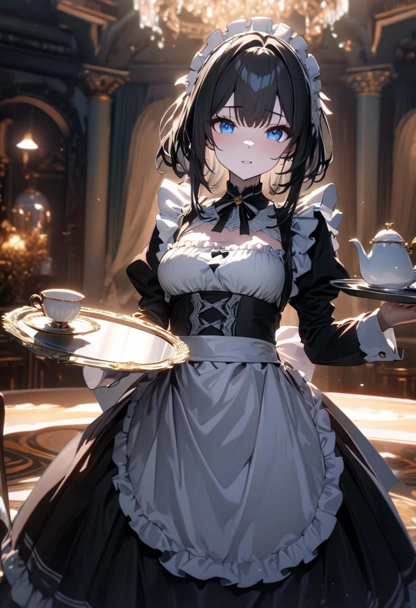 a woman in a black and white dress holding a glass, gapmoe yandere grimdark, gothic maiden anime girl, anime girl in a maid costume, maid outfit, maid dress, creepy pose, gapmoe yandere, twintails white gloves, noire. Black hair, green eyes