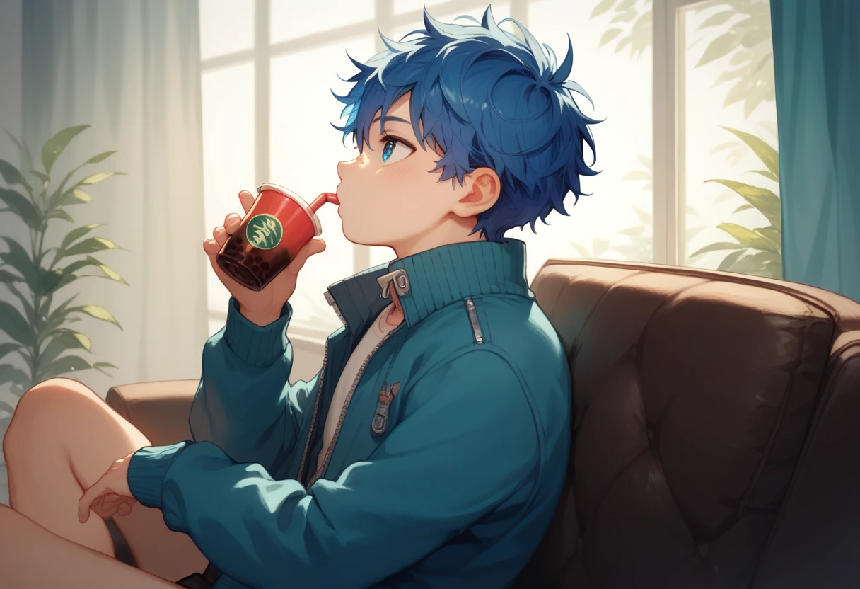 a handsome cute little young boy 3yr,was drinking tea,messy short blue hair and blue eyes,wearing jacket zipper,from side front,sitting in sofa chair,fullbody