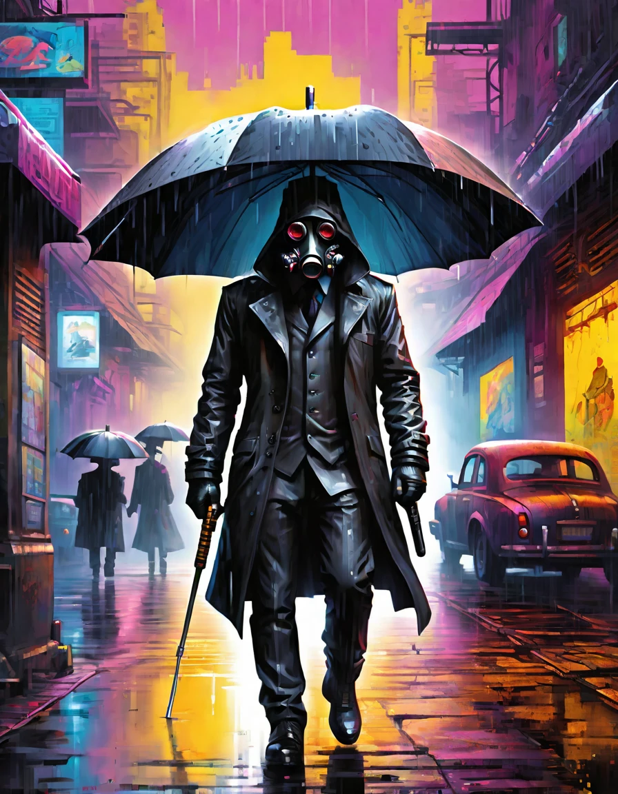 Black Rain, Mad Gasser, painting of a Mad Gasser in the Black Rain, Art of Enki Bilal, Inspired by Enki Bilal. Mad Gasser walking in the Black Rain. Wearing a gas mask with tinted goggles, Black hat, black cape, tight black leather suit, Compact backpack sprayer, Whole body all black. Mad Gasser with an umbrella walking under the rain, holding Black umbrella, Cyberpunk Style, Decadent scenery, Doomsday City, Crazy World. Underground comix, Hatching Techniques. Poison gas art