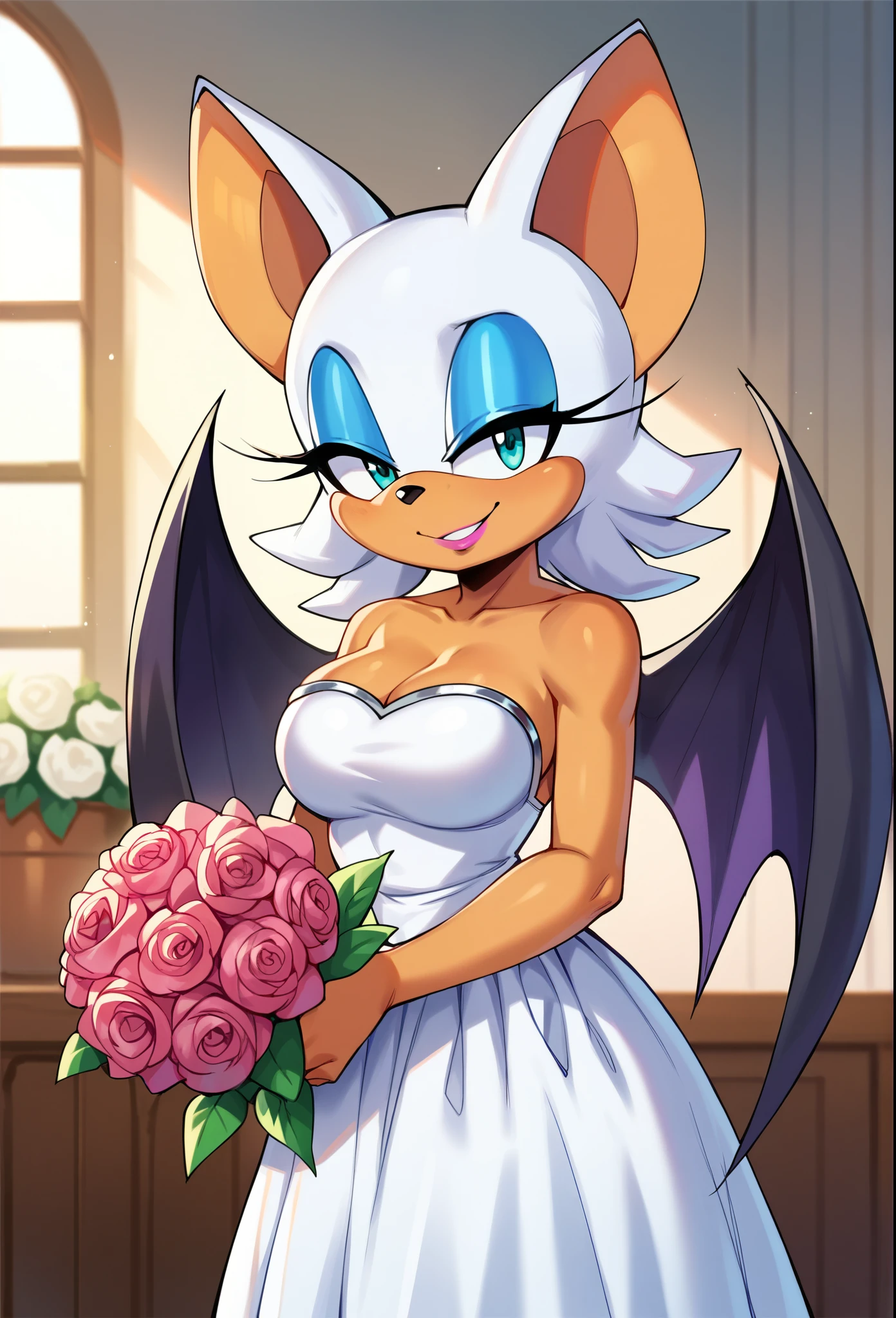 score_9, score_8_up, score_7_up, score_6_up, score_5_up, score_4_up, BREAK, 1girl, solo, rouge the bat, breasts, looking at viewer, soft smile, indoors, animal ears, cleavage, bare shoulders, heart, wings, aqua eyes, eyelashes, sideless white wedding dress, makeup, white thigh high, half-closed eyes, happy, lipstick, furry, eyeshadow, black wings, furry female, blue eyeshadow, bat ears, cvurch background, holding a bouquet of flowers