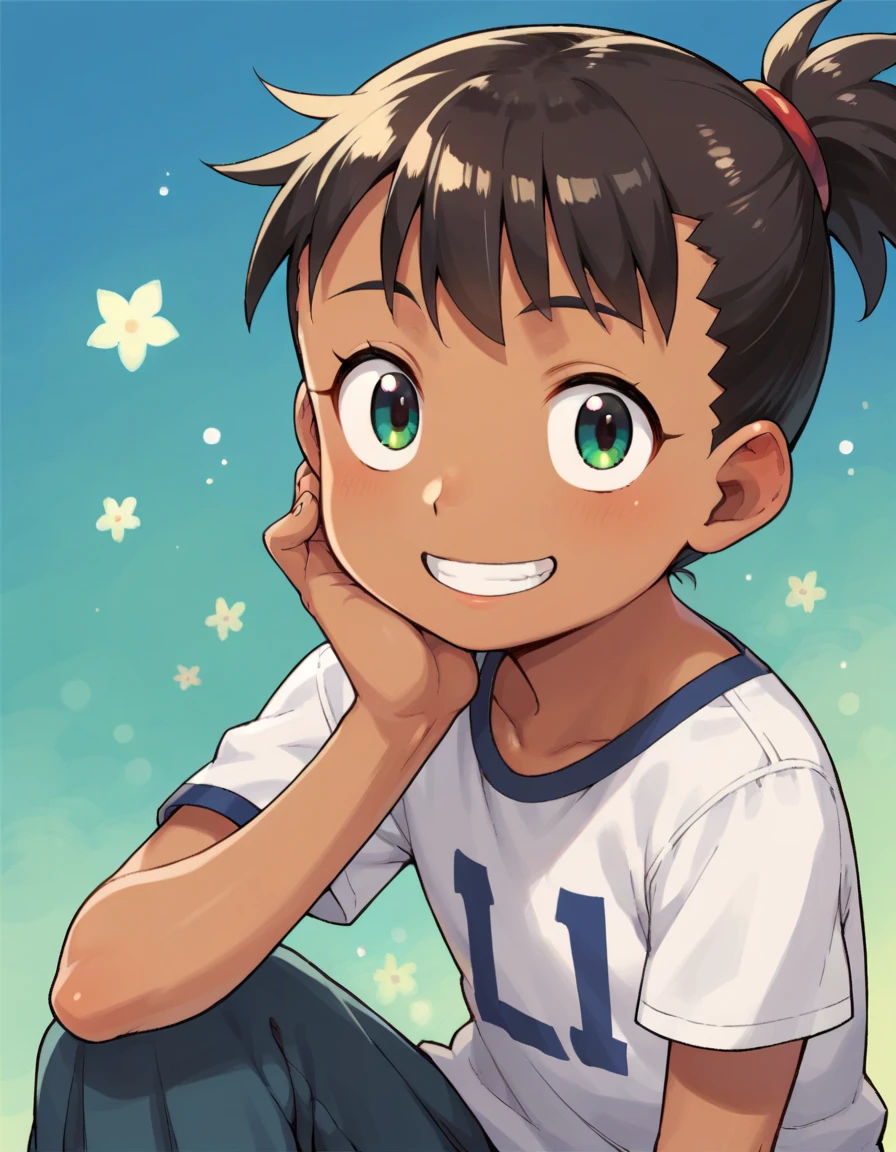 score_9, score_8_up, score_7_up, source_anime, solo,
ishikawa hideki style,smile,dark skin, looking viewer,loli