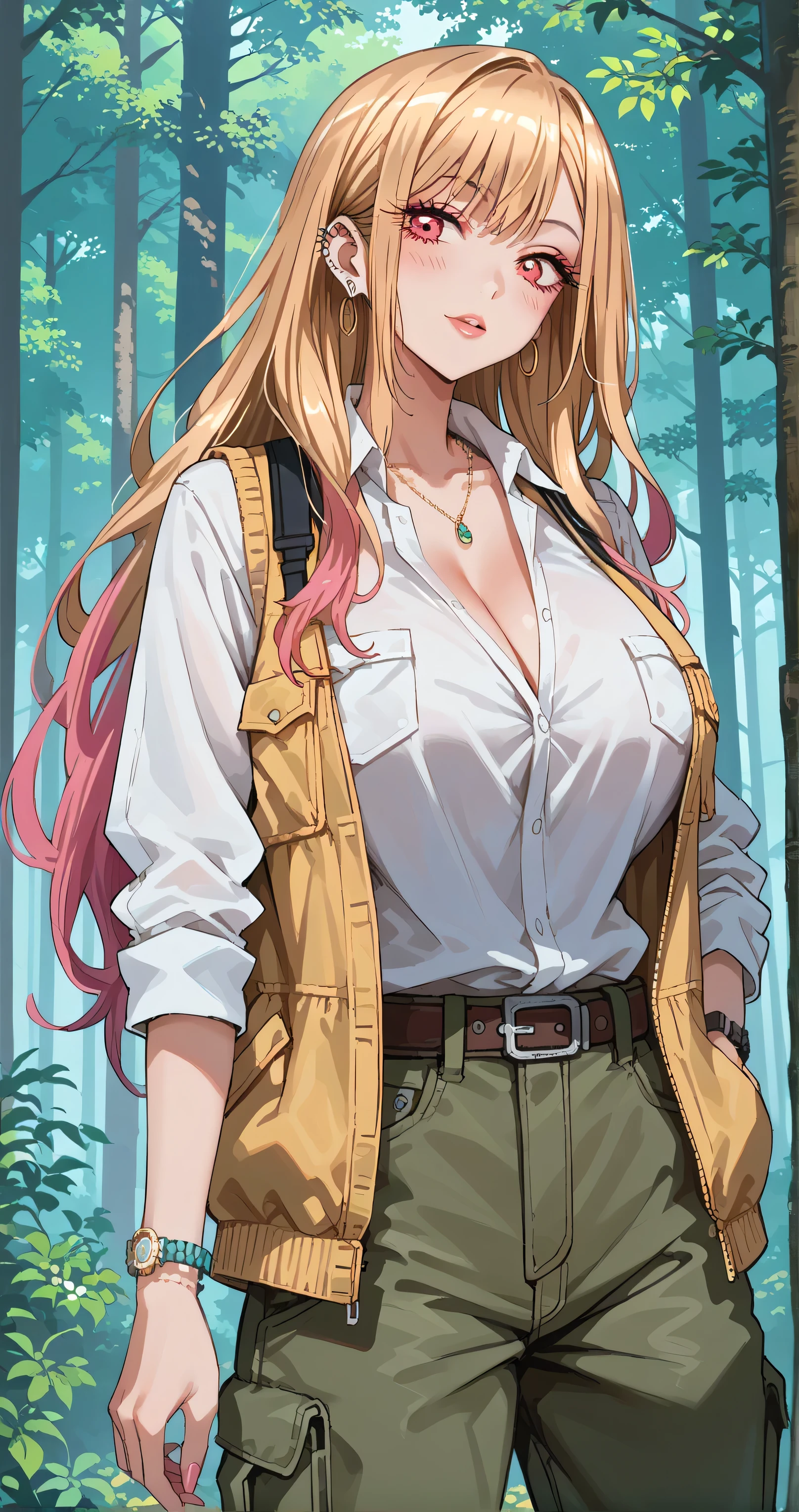 KJOmarin, blonde hair, long hair, pink eyes, earrings, ear piercing, multicolored hair, score_9, score_8_up, score_7_up, source_anime, masterpiece,best quality, huge breasts, flash gyaru, shirt, Vests, cargo pants, oversized pants, cargo vents, watches, open clothes, Forest,