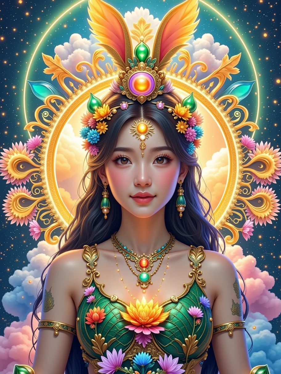 There are My Fair Lady,Fair smooth skin，flowers in full bloom，It is beautiful and delicate, Gold ornaments，Turquoise decoration，Various gemstones，No clothes，beautiful  flowers，Goddess. Extremely high detail, extremely detailed goddess shot, Extremely detailed flower goddess,Blue sky，The background of the character has a light rainbow aperture， hyper HD，psychedelic goddess, goddess art, Beautiful digital artwork, Beautiful goddess，tmasterpiece，4K，Realiy，photorealestic，professional photoshooting，超高分辨率，