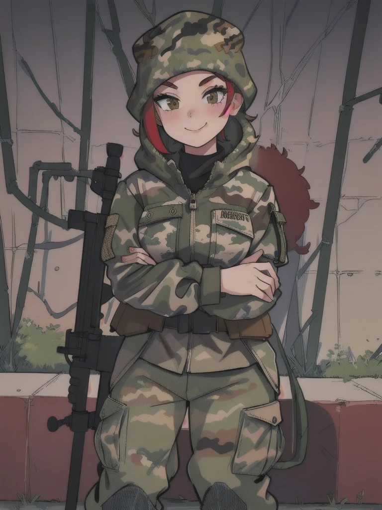 girl with smile and red short hair, with a camouflage jacket, camouflage balaclava, camouflage pants and army boots.