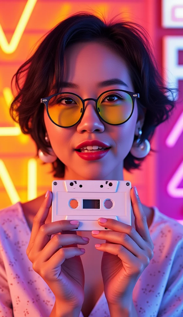 Young Asian woman with short dark hair, wearing big colorful glasses and holding a cassette tape in front of his face in front of a bright neon background, pop art style, clean, detail eyes, detail nose, detail lips, best quality, 4k, 8k, high resolution, masterpiece:1.2, ultra-detailed, render, perfect shape,