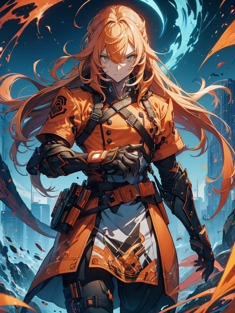 GUILTY GEAR, {{{{{Illustration of a person}}}}, {{{ orange battle coat}}}, Orange and black outfit ,  long brand hair,  straight hair, 36k image quality ,  long bangs  , Shut your mouth., ４０Old man,  handsome, Narrow green eyes ,  Official Art、  best quality、  Unity 8K Wallpaper 、32K、masterpiece、 super detailed, Male nose, Male Eyes  , Male outline  , {{{ carrying a large red sword }}}, Fighting in the old battlefield ,  acrobatic poses,