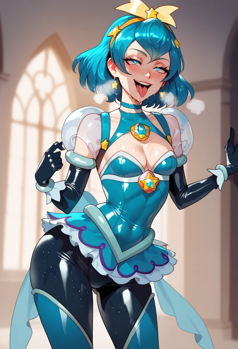 Nsfw,1girl, solo, black badend-bodysuit, badend-tiara, blue frills, blue skirt, blue gem,blue hair, latex bodysuit, small breasts, curemilky,  half-closed eyes, elbow gloves, cleavage, latex, shiny, cowboy shot, smile, wet body, steam,blush,ahegao,