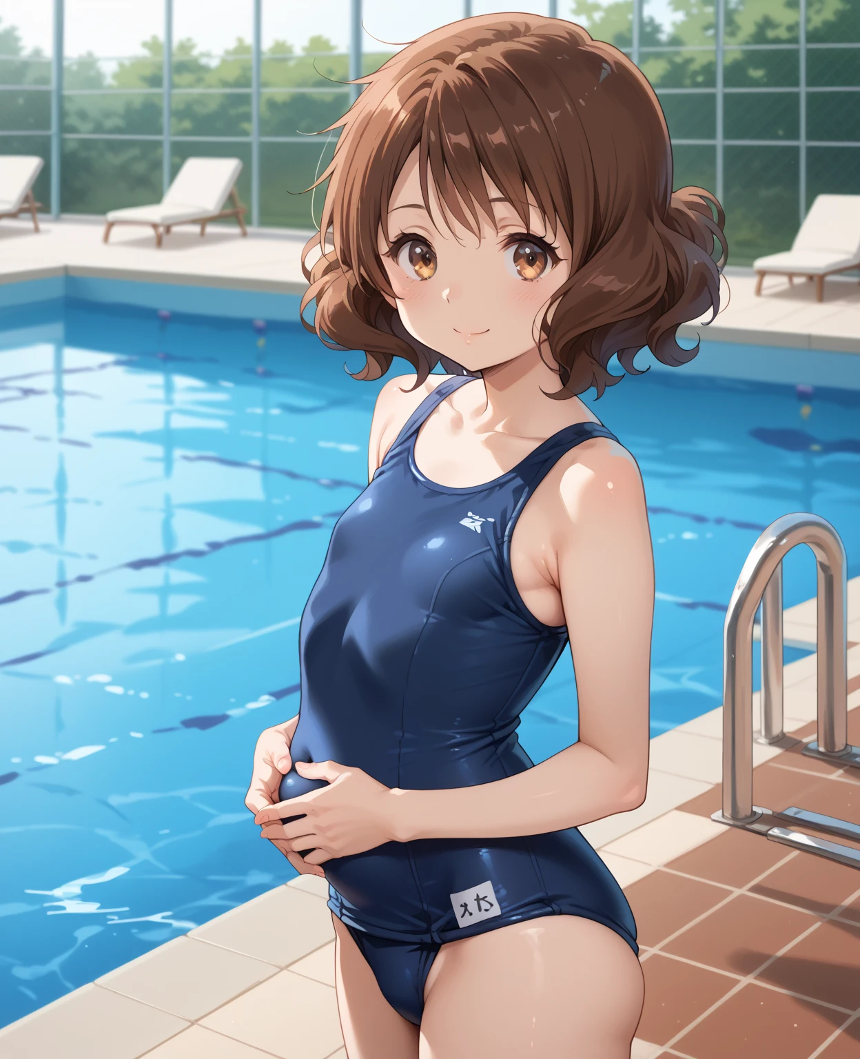  one girl with brown hair sticking forward 、kumiko oumae,  (brown eyes, brown hair, short hair, wavy hair,) (), break (navy blue school swimsuit), middle belly, curvy figure,  head down, light smile, hands on own belly, ,from side, looking at viewer, cowboy shot, standing by pool, school pool,